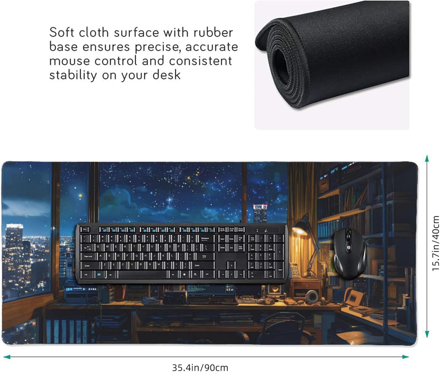 City Night from The Study Window Large Mouse Pad, Anime Style Gaming Desk Mat, XXL Keyboard Desk Pad Mat for Desktop, 35.4"x15.7" Non-Slip Base Big Mousepad with Stitched Edges