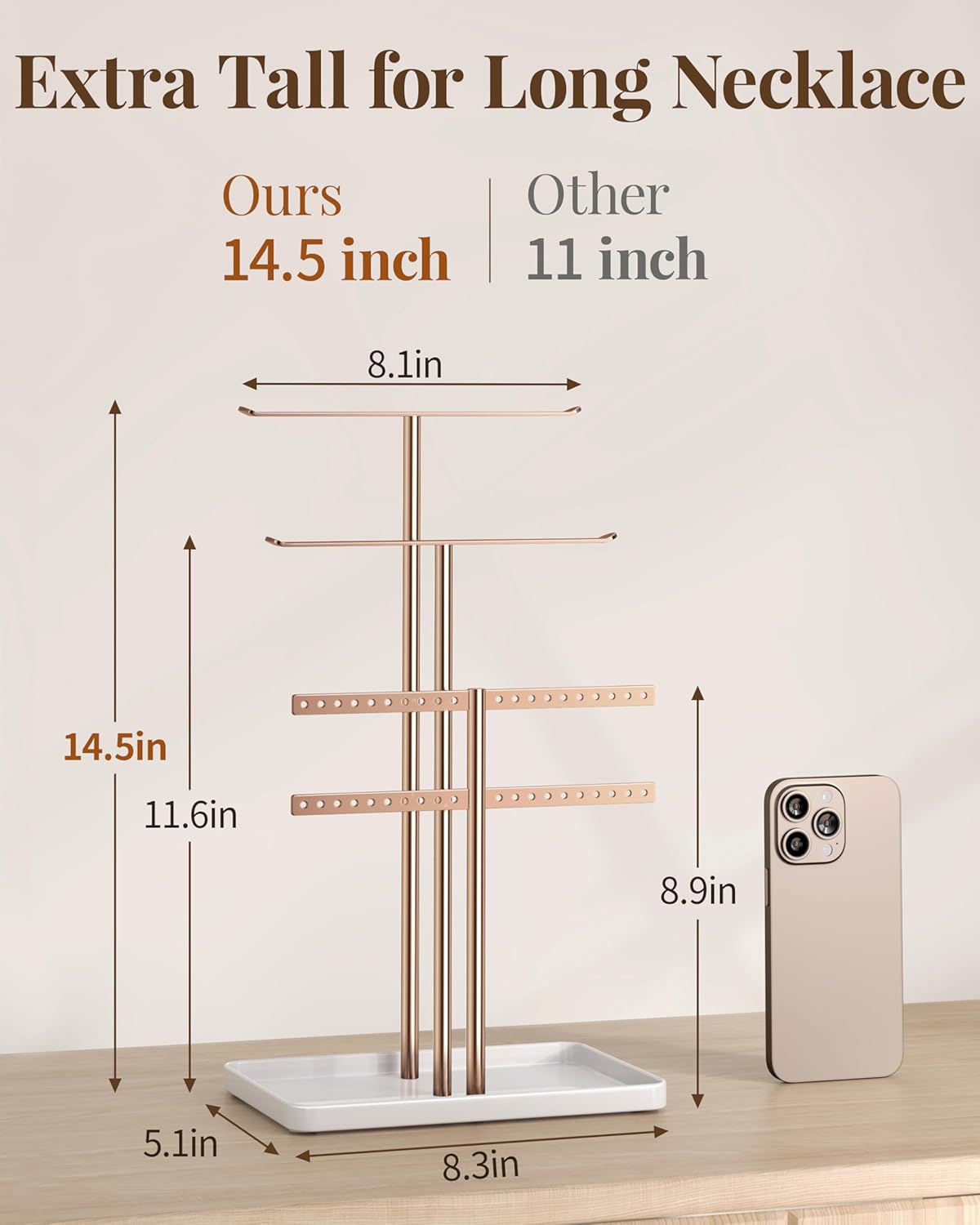 pickpiff Jewelry Stand Holder Organizer: 14.5" Sturdy Hanger for 80 Pcs Jewelry, Rose Gold Jewlery Tower for Display Necklace, Earring, Bracelet, Watch