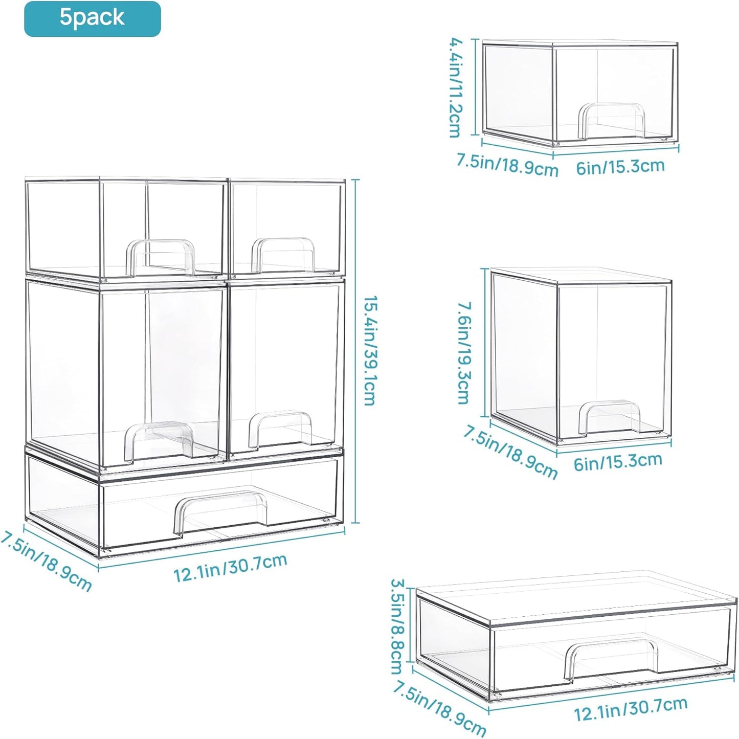 Vtopmart Stackable Storage Drawers Set of 5, Clear Plastic Organizer Bins for Baby Bottle, Beauty Supplies Storage, Ideal for Kichen Countertop, Vanity, Bathroom, Cabinet, Pantry Organization