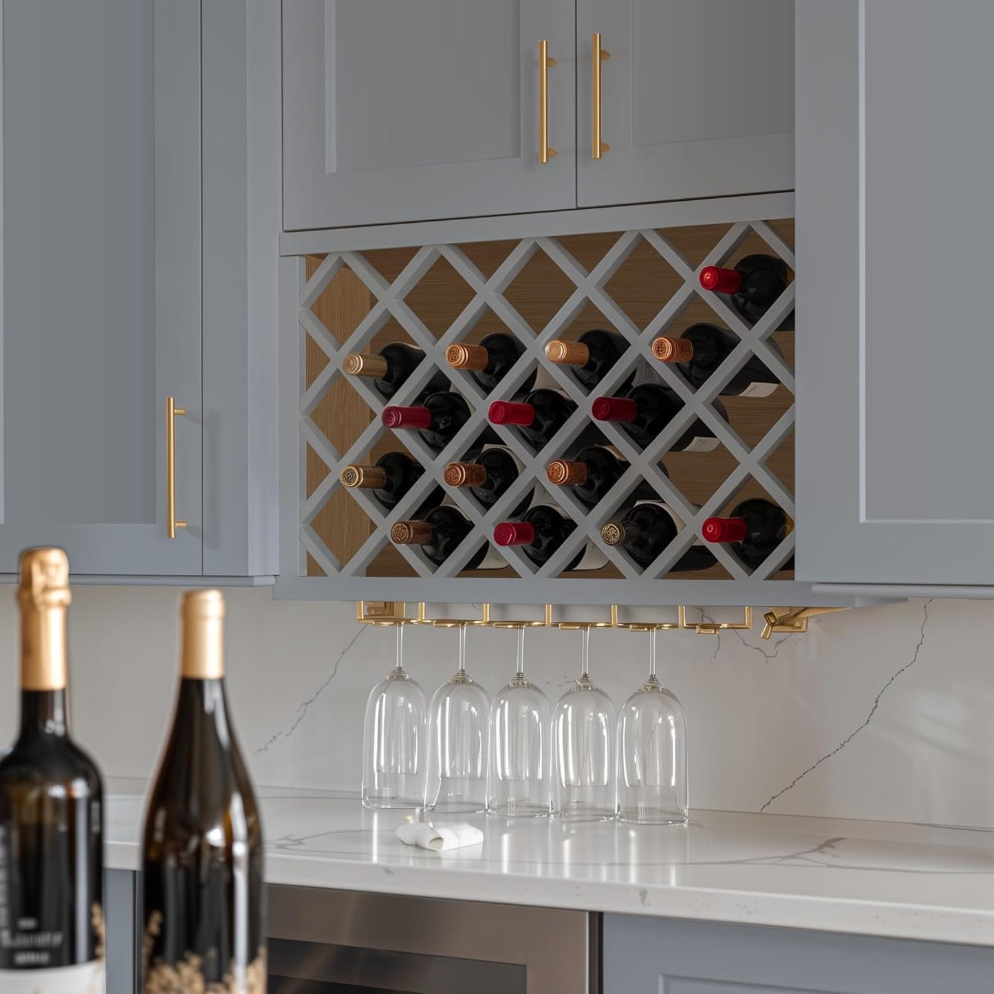 Solid Wood RTA Wine Bottle Rack Wall Cabinet with Lattice Panels Wine Holder Wine Storage Cabinet for Bar, Pantry, Wine Cellar Basement Countertop Mocha (Gray, 30”W × 12”D × 15”H), Sk-grey