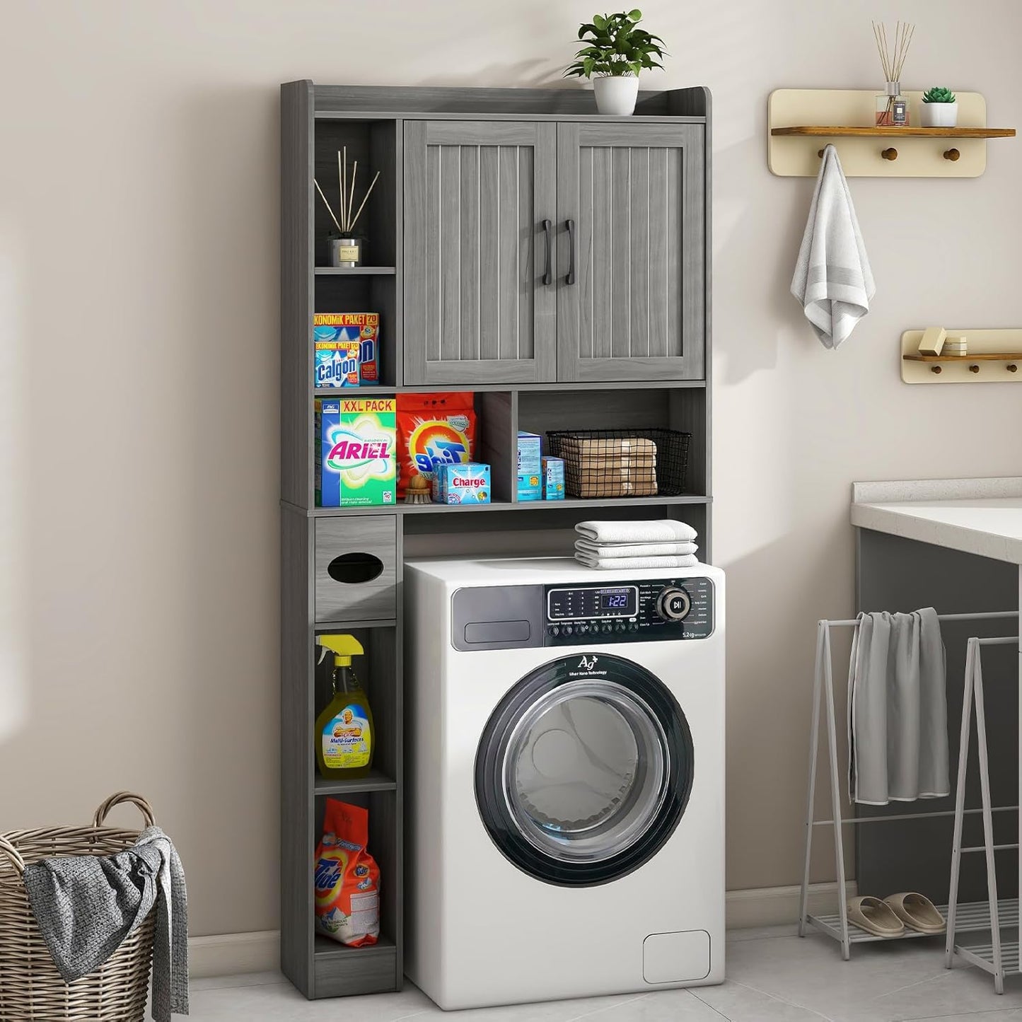 Vabches Over The Toilet Storage Cabinet, Farmhouse Storage Cabinet Over Toilet with Barn Door，Home Space-Saving Toilet Rack for Bathroom, Restroom and Laundry.（Wash Grey）
