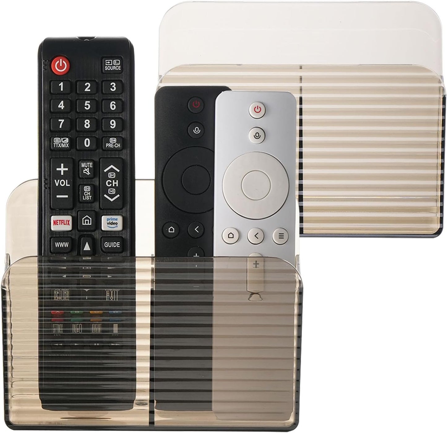 LINFIDITE 2 Pack Adhesive TV Remote Control Holder Wall Mount TV Remote Holder For Bedside Wall Remote Control Caddy Storage Organizer Stand Box （For 2 Or 4 Remote Controls – Clear Brown）