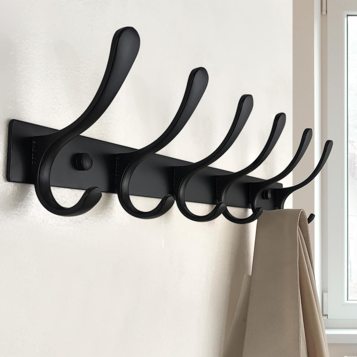 SKOLOO Coat Rack Wall Mounted - 6 Hooks, Heavy Duty, Stainless Steel, Metal Wall Hanger, Sturdy Coat Hooks for Hanging Coats, Jacket, Clothes, Hats - Black