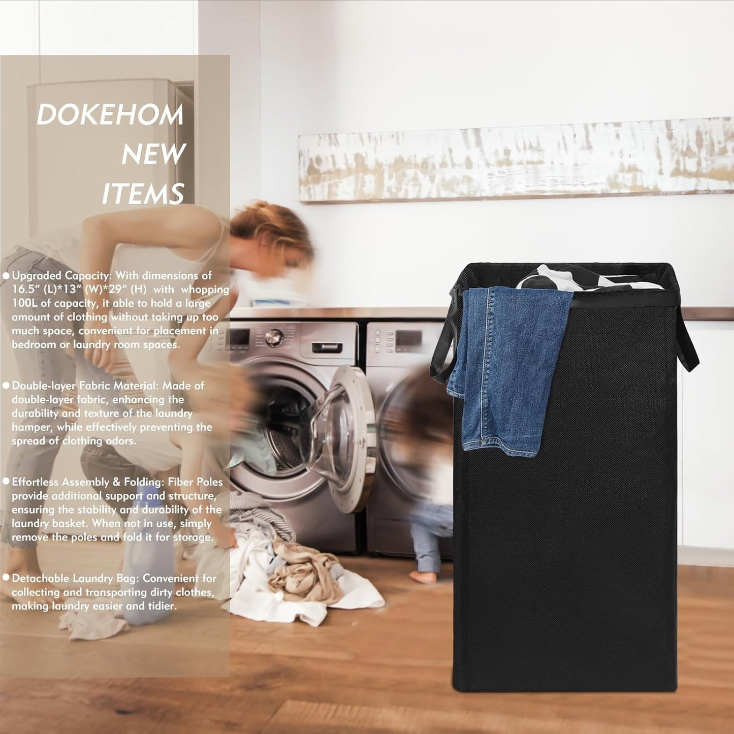 DOKEHOM 100L Laundry Basket with Lid and Removable Laundry Bags, Large Collapsible Laundry Hamper for Bedroom, Bathroom, Laundry Room, Colloge (Black)