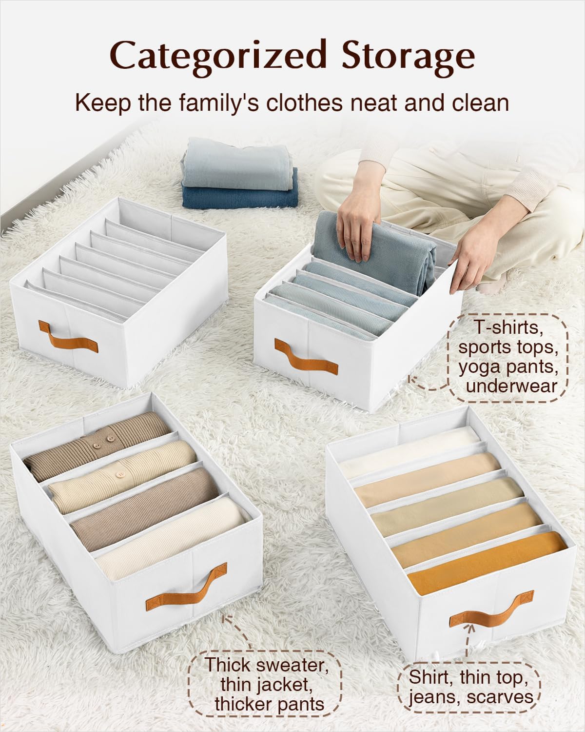 Clothes Organizers and Storage - 4/5/7 Grids Fabric Jeans Organizer with Handles, Foldable Closet Organizers Dividers, Wardrobe organizer for Pant, Sweater, T-shirt, Scarf, 3 Pack, White
