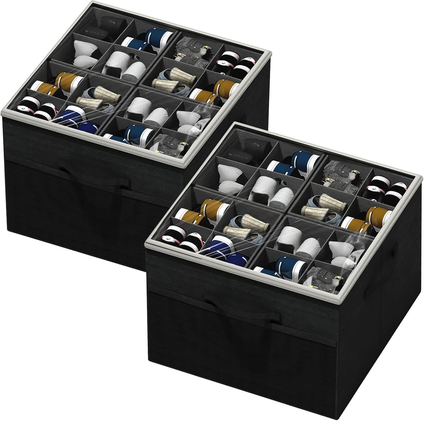 Aokeyee Shoe Organizer for Closet,2 Pack Foldable Shoe Storage Organizer Box Bin with Adjustable Dividers and Clear Cover, Fits up to 16-32 Pairs