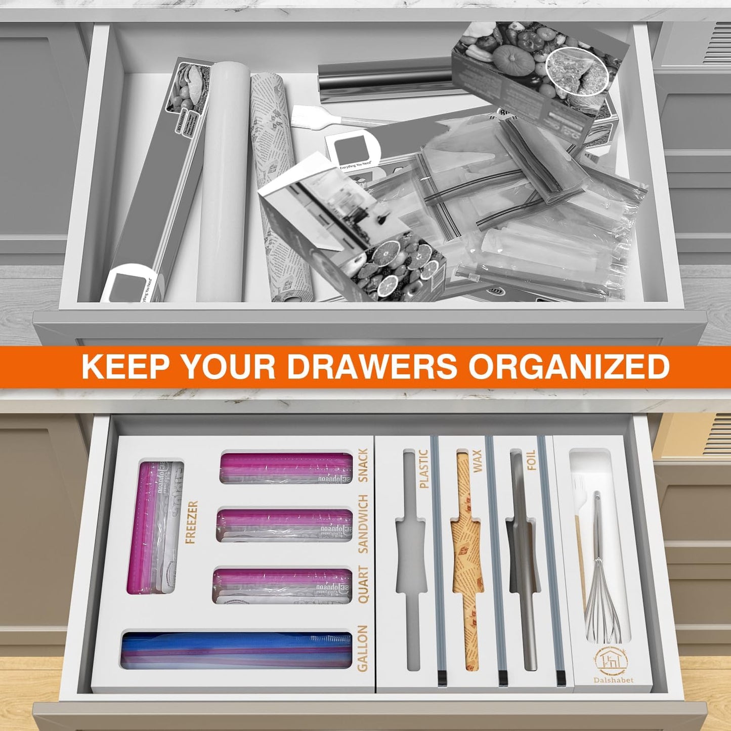 DALSHABET 9 IN1 Bamboo Storage Bag Drawer Organizer with Cutter, Foil and Plastic Wrap Dispenser for Kitchen Storage Compatible with All Brands Gallon, Quart, Sandwich & Snack Size Bags - White