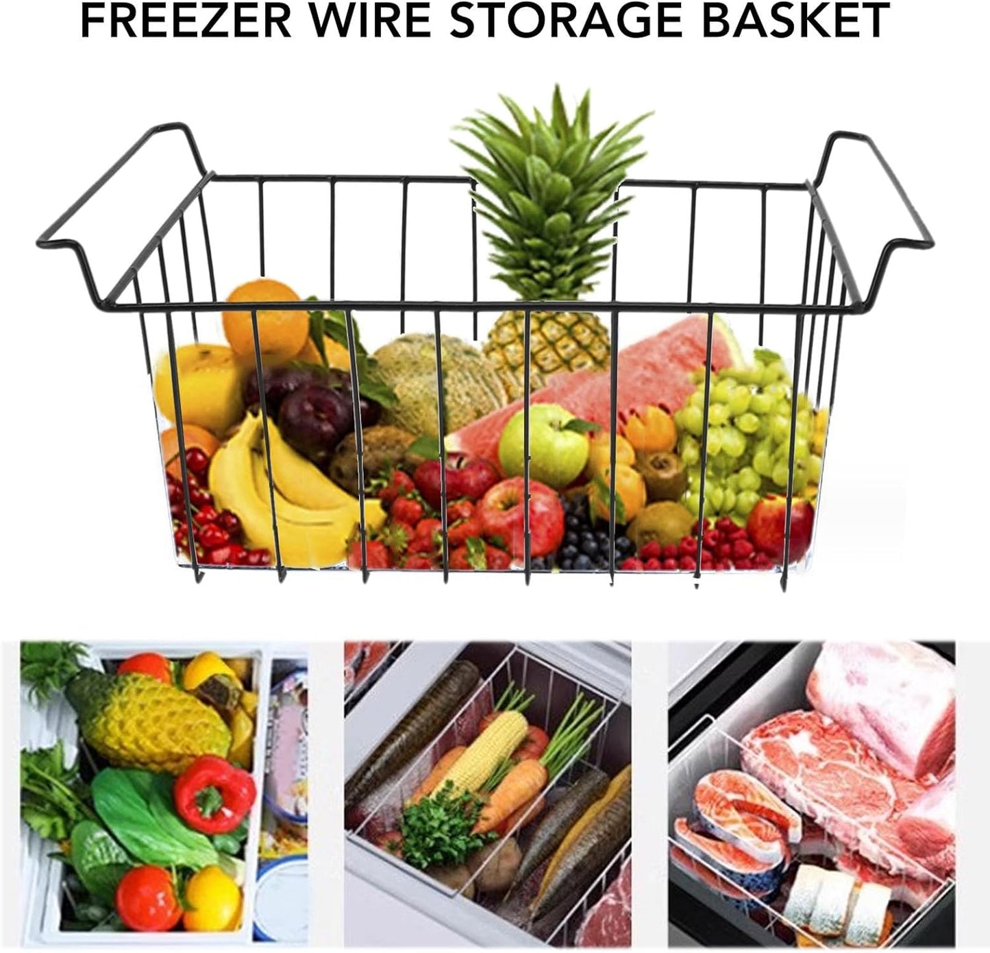 2PCS Freezer Organizer Bins, Steel Wire Freezer Basket with Handles Multifunctional Organizer Bin Stackable Metal Wire Baskets for Cabinet, Pantry, Closet (Black)