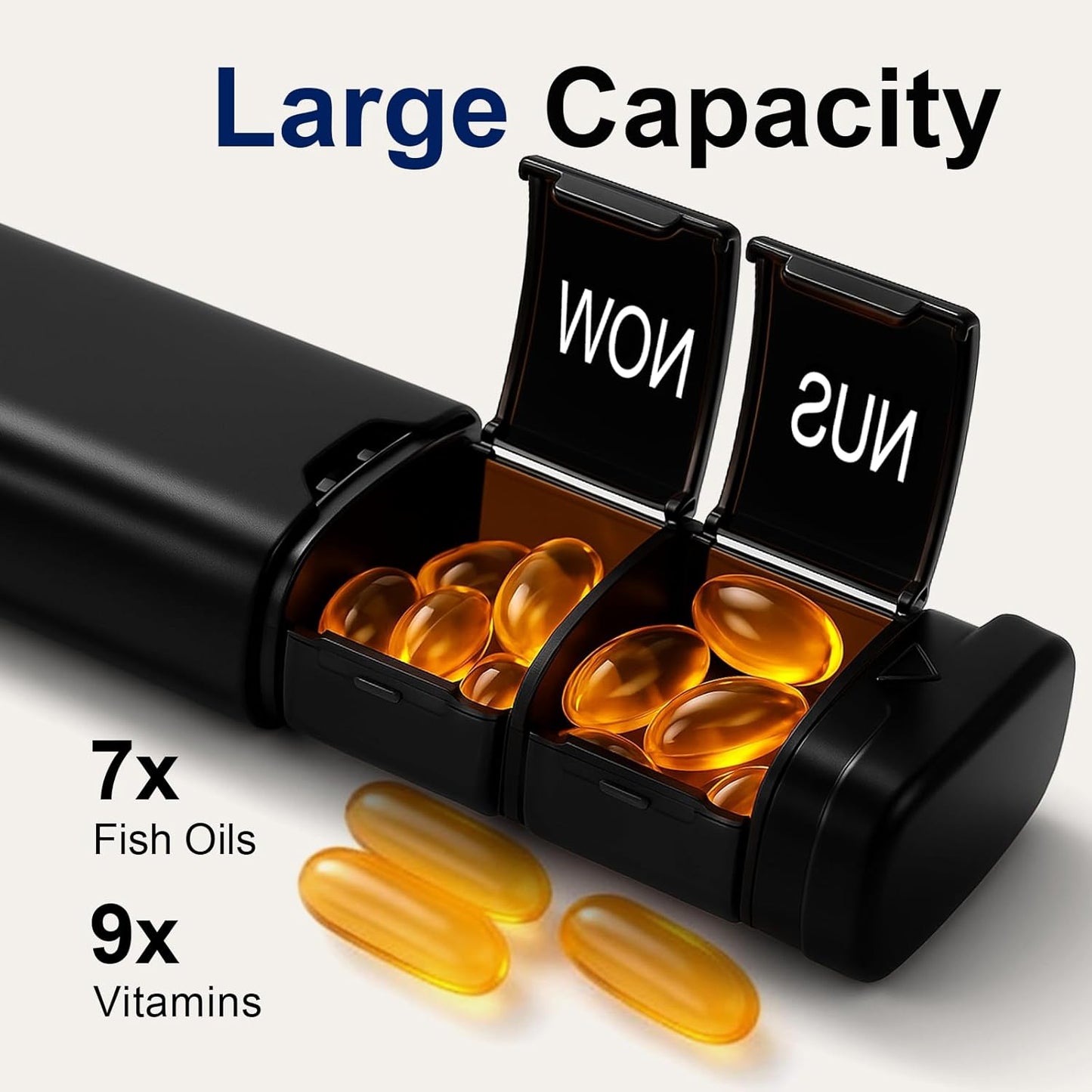 Large Weekly Pill Organizer, Travel Safe 7-Day Pill Organizer 1 Time a Day, Portable Secure Medicine Vitamin Holder Dispenser for Fish Oil, Supplements, Lightproof | Sleek Slim Design | On-The-Go