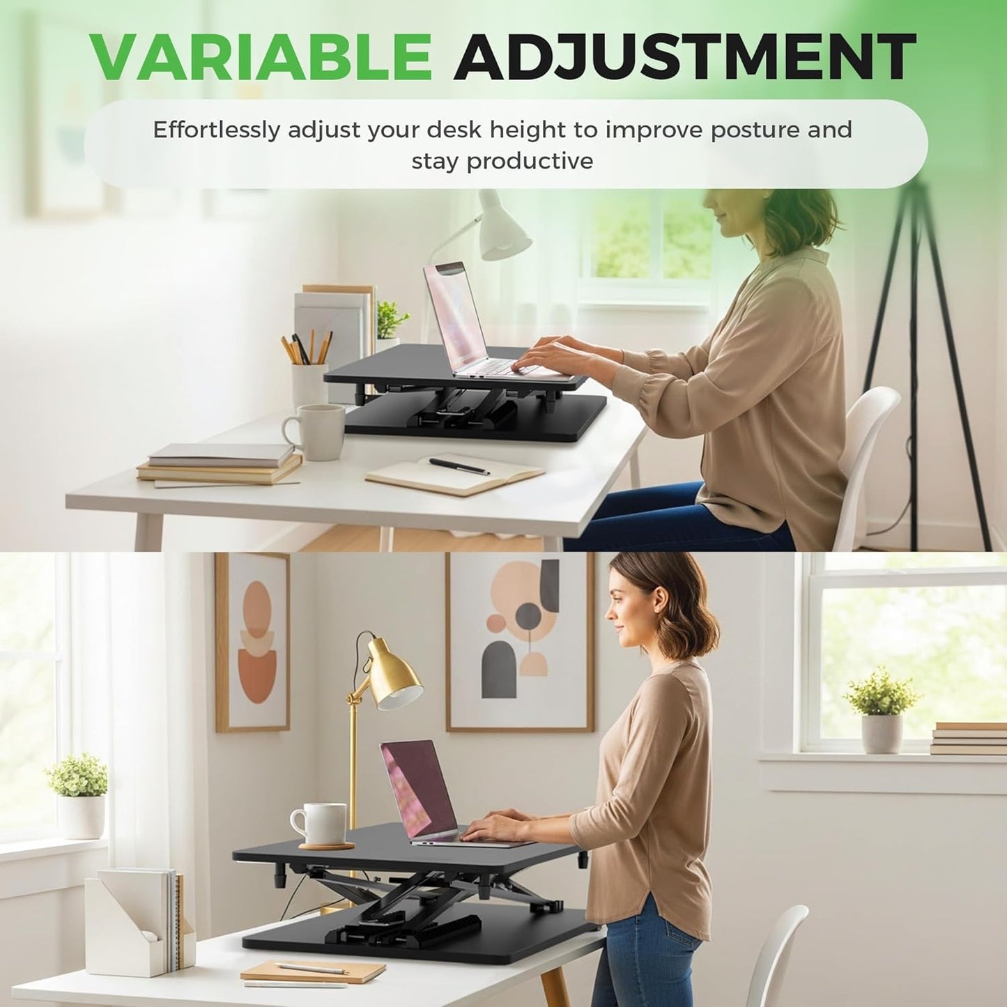Standing Desk Converter Adjustable Height, 25.16" × 15.75" Height Adjustable Desktop Riser, No Assembly Required, Desktop Workstation for Laptop, Monitor and Office Use (Black)