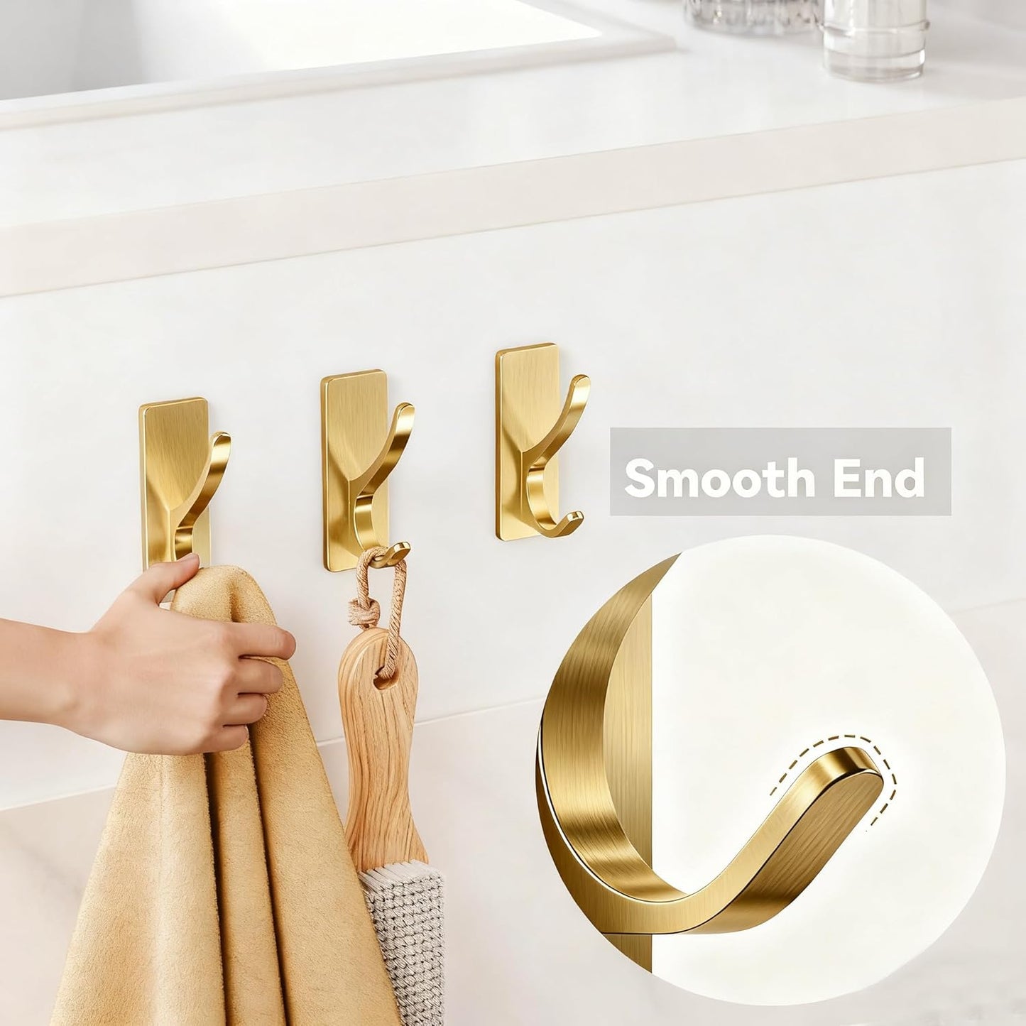 pickpiff Self Adhesive Coat Hooks for Hanging, Heavy Duty Stainless Double Wall Hook for Towel, Backpack, Hat, Sturdy Metal Hanger for Bathroom, Bedroom, Door, Wall Mounted, 6-Pack, Brushed Gold