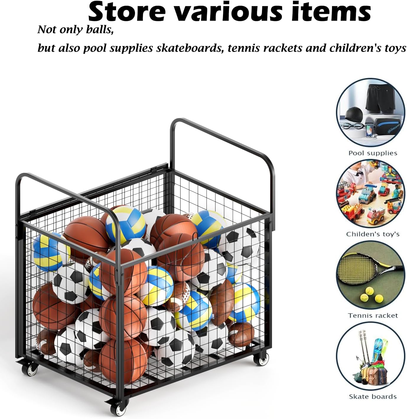 Ball Storage - Basketball Cart With Wheels Garage Volleyball Storage Sport Equipment Holder Organizer For Indoor Outdoor,Metal Storage Rack For Playgroup,Gym And School