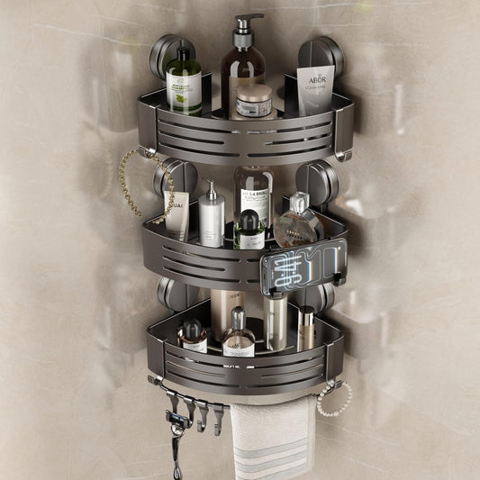 VOLPONE Corner Shower Caddy Suction Cup Shower Shelf Corner No Drilling Bathroom Shower Organizer Storage Rack Adhesive triangle with towel bar hooks 3 tier gray