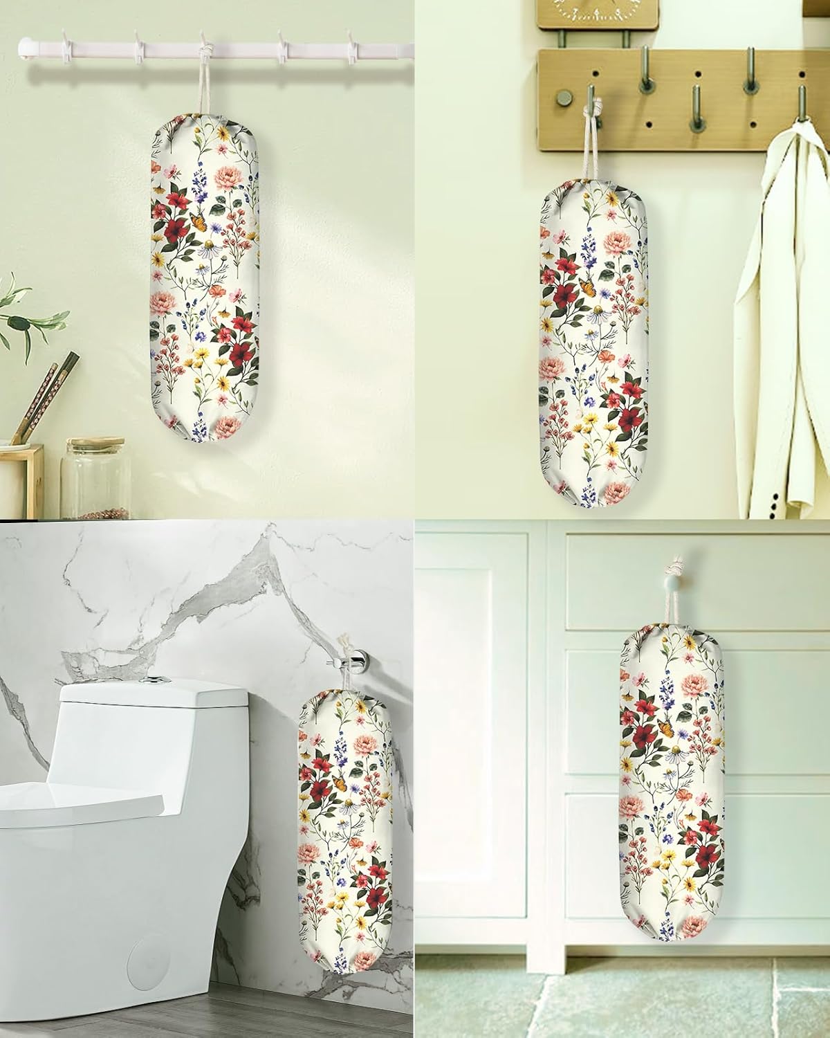 Plastic Bag Holder, Grocery Bag Organizer - 1 Pack Cute Kitchen Dispenser Holders Reusable Shopping Western Hanging Wall with Adjustment Drawstring Closure for Women Home, Floral