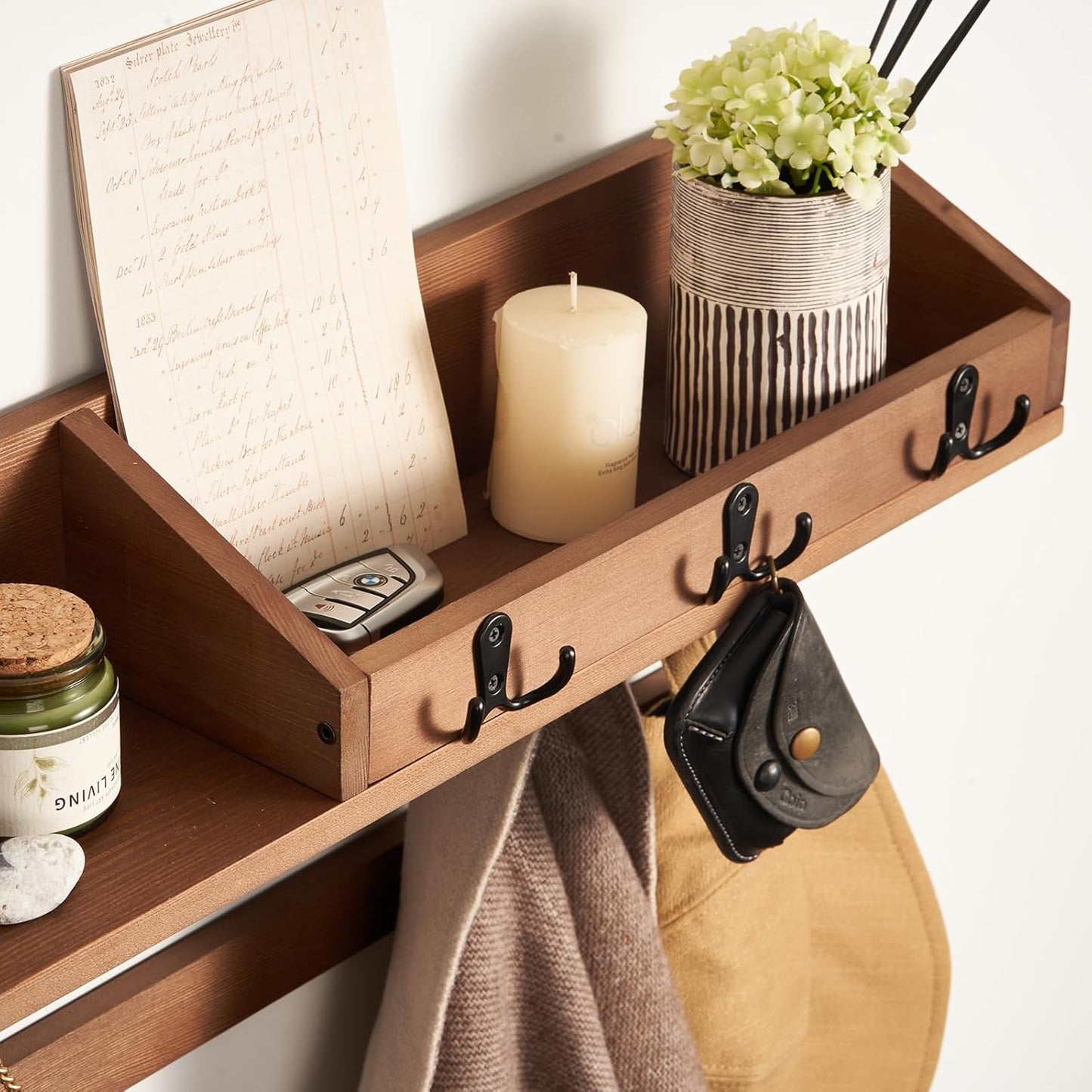 Coat Rack Wall Mount with Hooks & Shelf - Wooden Entryway Organizer for Hanging Coats, Keys, Hangers - Space Saving Durable Wood Holder for Hallway, Bedroom, Office-The Essential Model