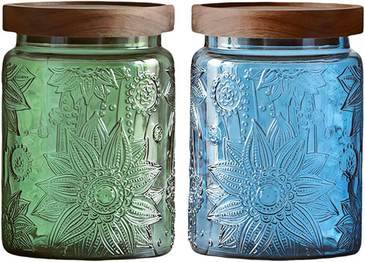 Set of 2 Vintage Glass Jars, Green Glass Storage Jars with Lids (23.7 oz) for Kitchen, Pantry, Candy, Flour, Oatmeal, Coffee Beans, Pet Food, Laundry Detergent, Cute Jar (Green&Blue 2, 23.7 Ounces)