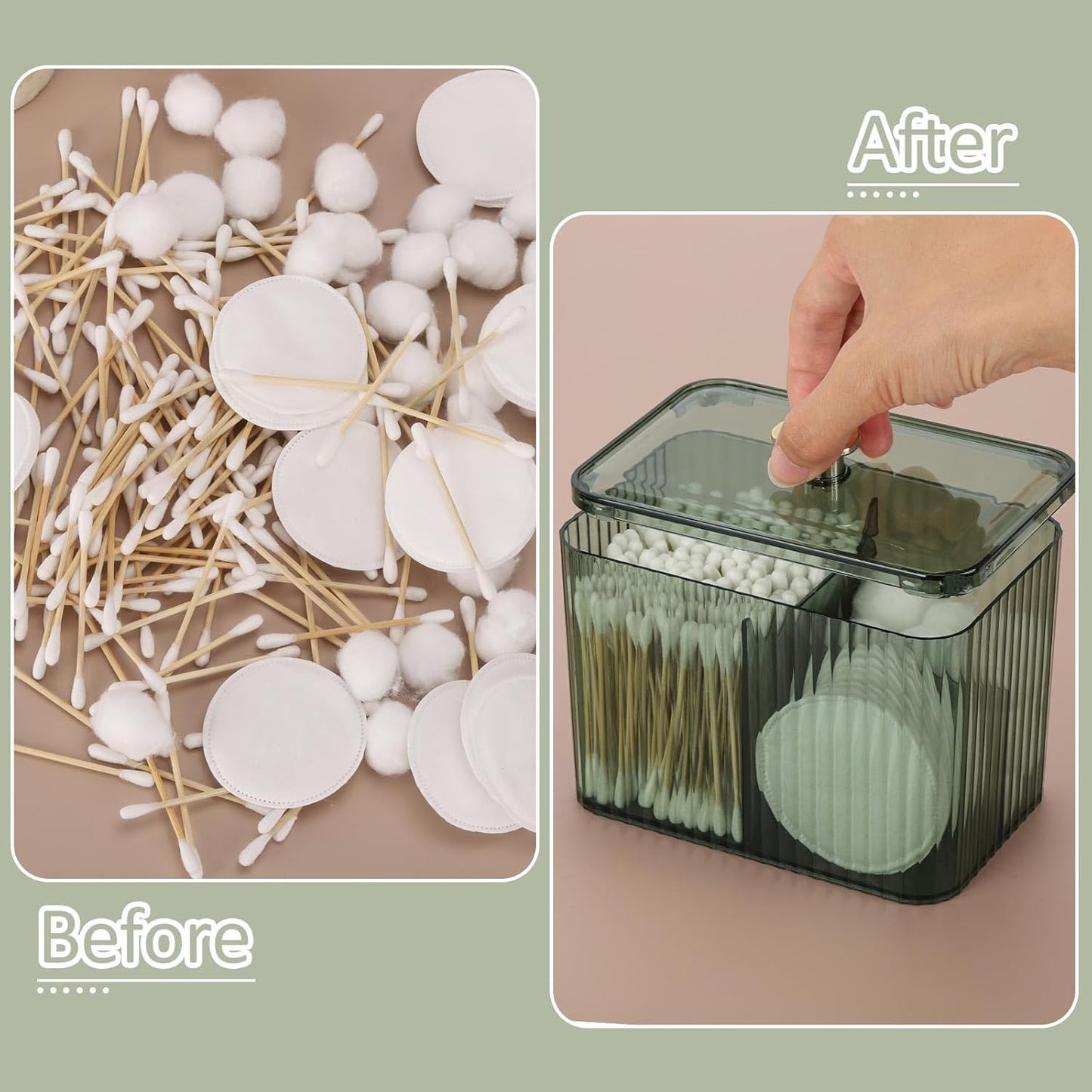 Tbestmax Qtip Holder Dispenser 3-Section Clear Bathroom Organizer Jar 3 Grids Cotton Swab/Pad/Ball Holder Container Cosmetics Storage for Vanity(2 Pack Green)