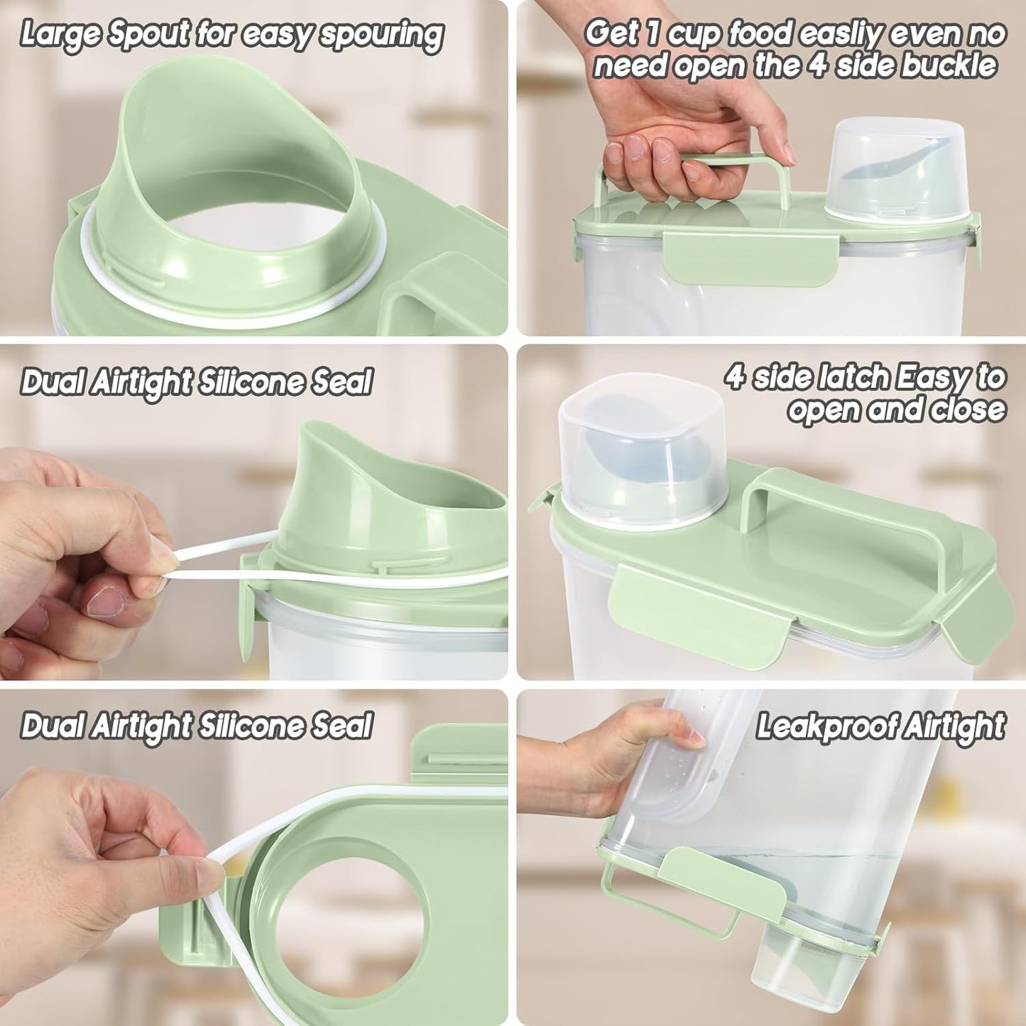 5-7Lbs Dog Cat Food Storage Container with Upgraded Large Nozzle BPA-free, 4 Snap Seals Plastic Pet Food Storage Containers with Handles (Light Green, 5L-3pack)
