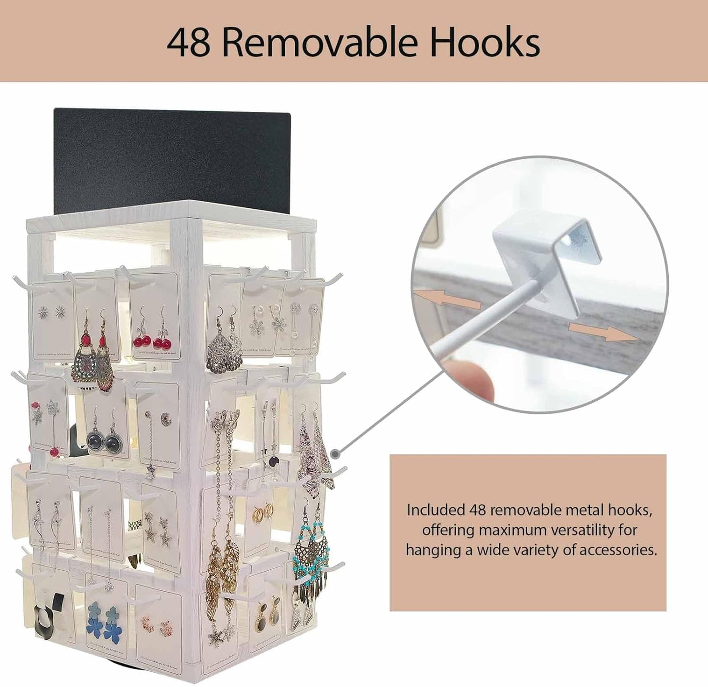 Wooden rotating Jewelry Display Stand with Removable 48 Hooks advertising board, For Earring Cards necklace bracelet Keychain Jewelry Organizer For Selling For vendor events (White)