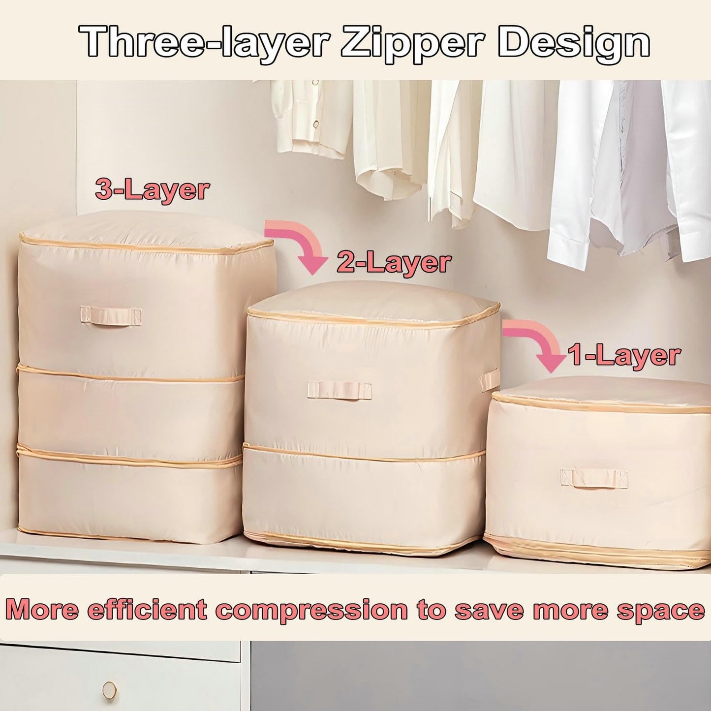 Ultra Space Saving Self Compression Organizer, 2025 New 3-Layer Zipper Large Capacity Storage Bag, Thick Satin Fabric Heavy Duty Bags for Comforters Blankets Bedding Duvet (Beige, X-Large, 21x17x24in)