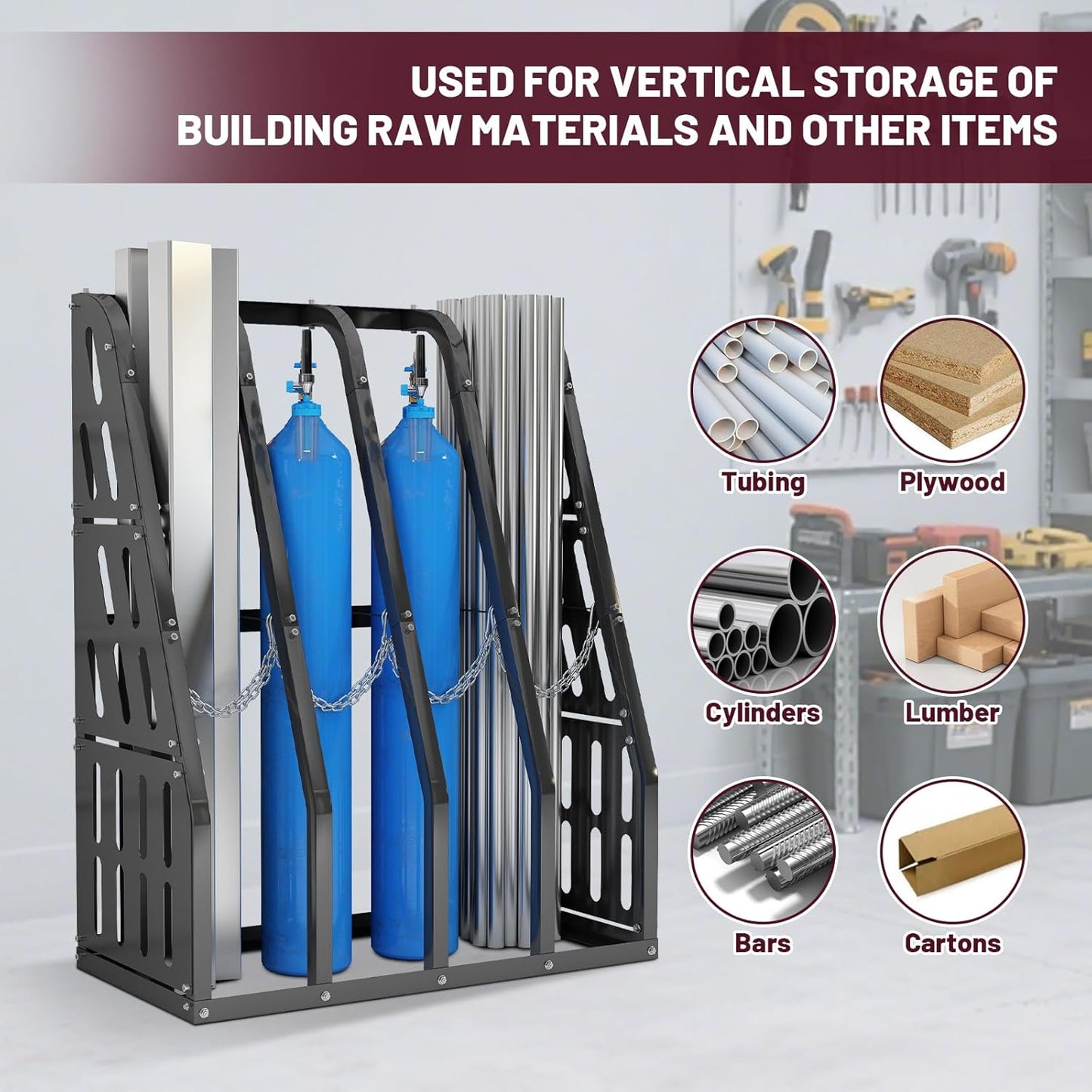 Vertical Long Parts Storage Rack, 1,500 lb Capacity, 4-Bay Black Steel Bar/Lumber Rack with Safety Chain, 48" W x 24" D x 60" H for Garage/Workshop/Factory
