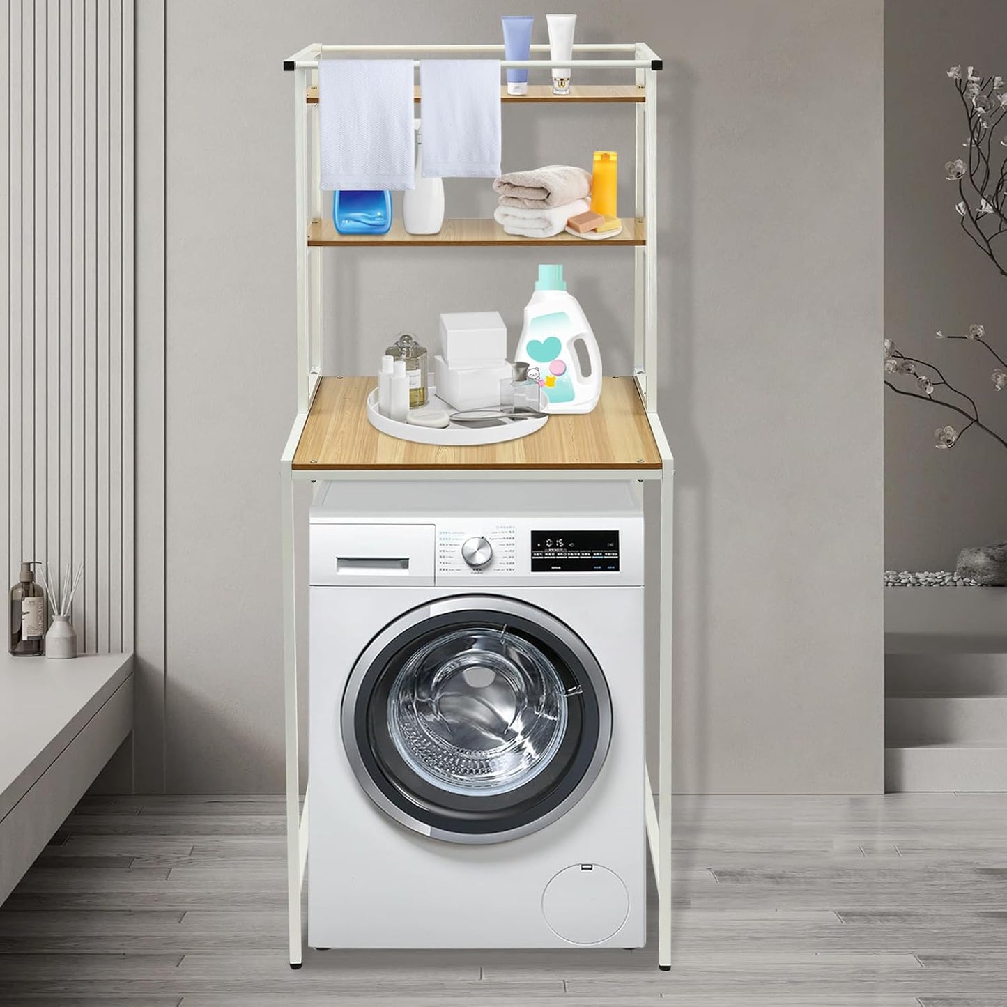 Over Washer and Dryer Shelves,Dryer Storage Shelf,3 Tiers Laundry Room Storage and Organizer Standing Shelf,Height Adjustable Laundry Room Shelves, Load-Bearing Capacity 22lbs (Log)