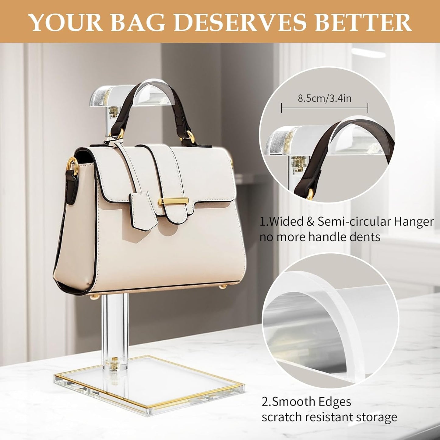 2Pcs Purse Display Stands, Height Adjustable10"-16"+14"-24", Acrylic Handbag Stands for Display, Clear Holder for Purse Evening Bag Clutch, Bag Table Rack, Purses Hanging Organizer for Closet Retail Vendor