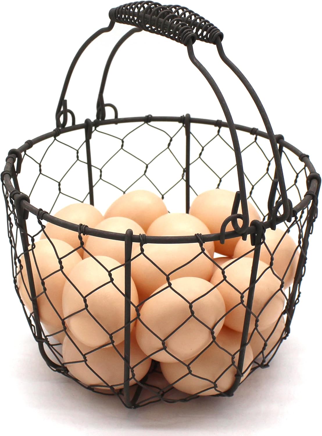 CVHOMEDECO. Round Chicken Wire Egg Basket Fruit Basket with Swing Handles Primitives Vintage Gathering Basket. Rusty