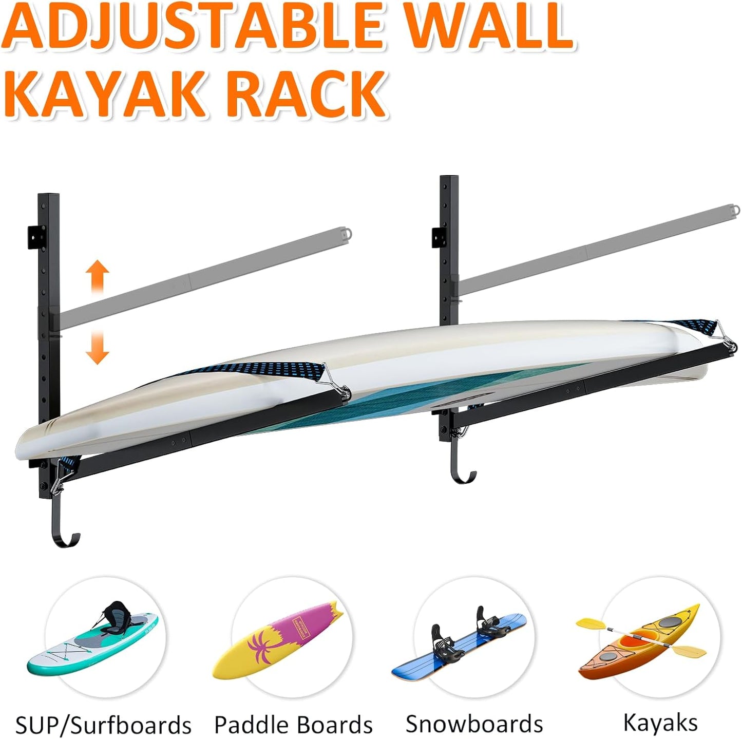 Kayak Storage Rack for Garage Wall Mount - Heavy L-Frame Holder with Anti-Slip Bungee & Complete Installation Kit, Supports 150LB (Fits Canoe/Paddle Board, Black)