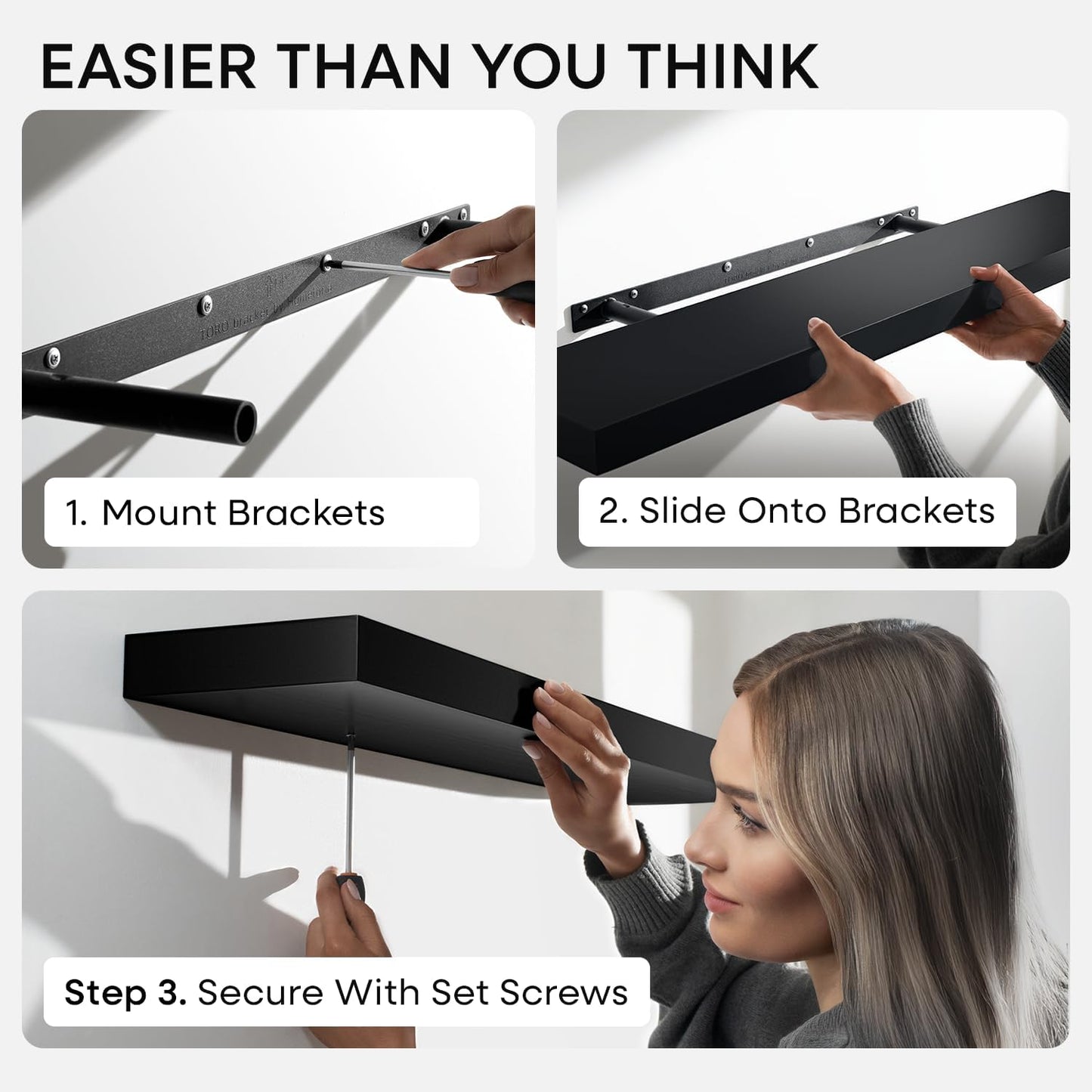 Homeforia Black Floating Shelves 36 inches Long, High End Solid Real Wood 36 inch Floating Shelf for Wall Mounted, Black Wooden 36in Floating Shelves, Heavy Duty Bracket, 36 X 6.5 X 1.75 in, Set of 2