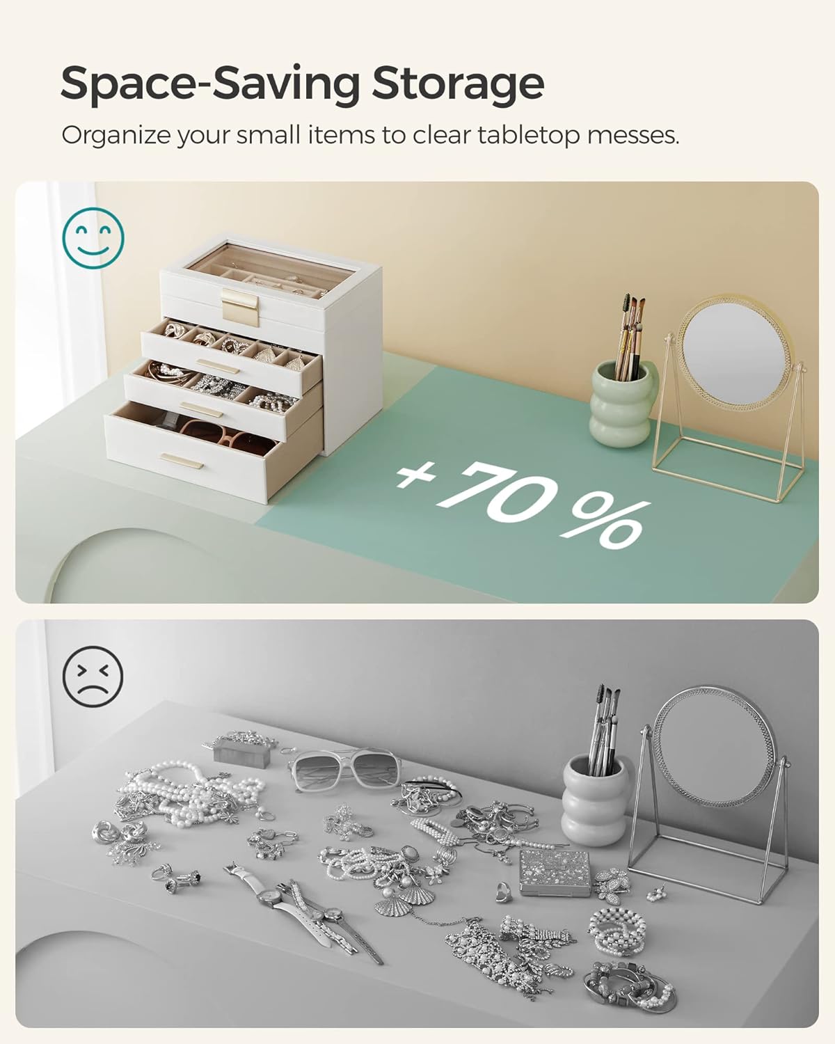 SONGMICS Jewelry Box Organizer with Glass Lid, 4-Layer Jewelry Storage, with 3 Drawers, Modern Style, Christmas Gift, 6 x 9.9 x 8.5 Inches, Cloud White and Gold Color UJBC161W01