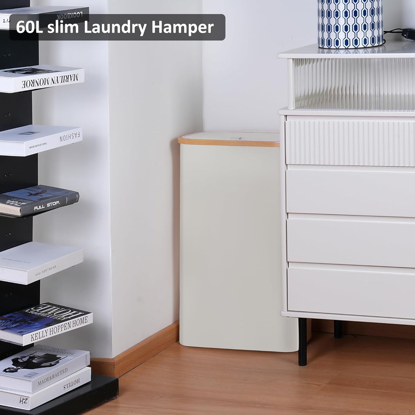 Slim Laundry Hamper,Narrow laundry Hamper with Lid,60L Hamper for Laundry,Dirty Cloth Hamper with Bamboo Handle for Toys,Towels, Clothes Organizing,Beige