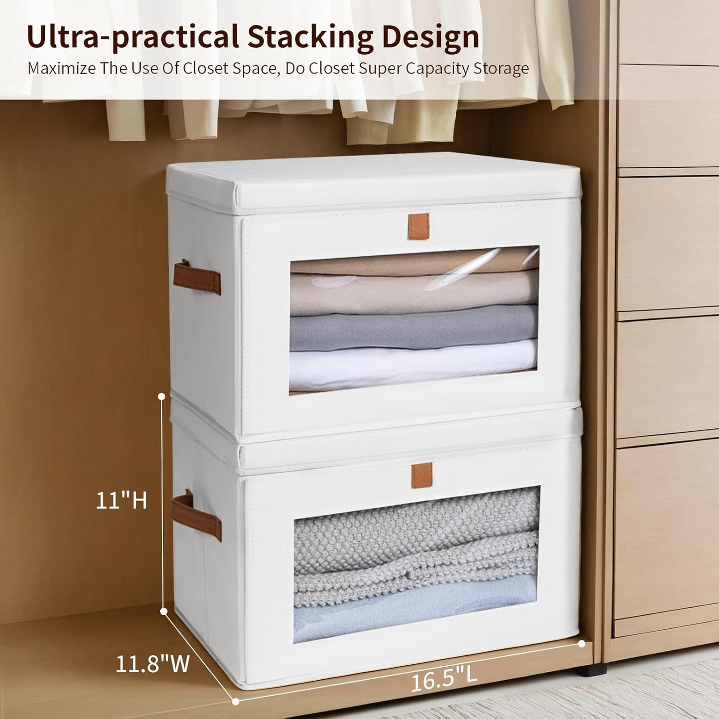 Large Clothing Storage Bins - Collapsible Boxes with Handles & Window, Decorative Organizer Bins with Lids, Fabric Containers for Living Room, Dorm, 6 Pack, White