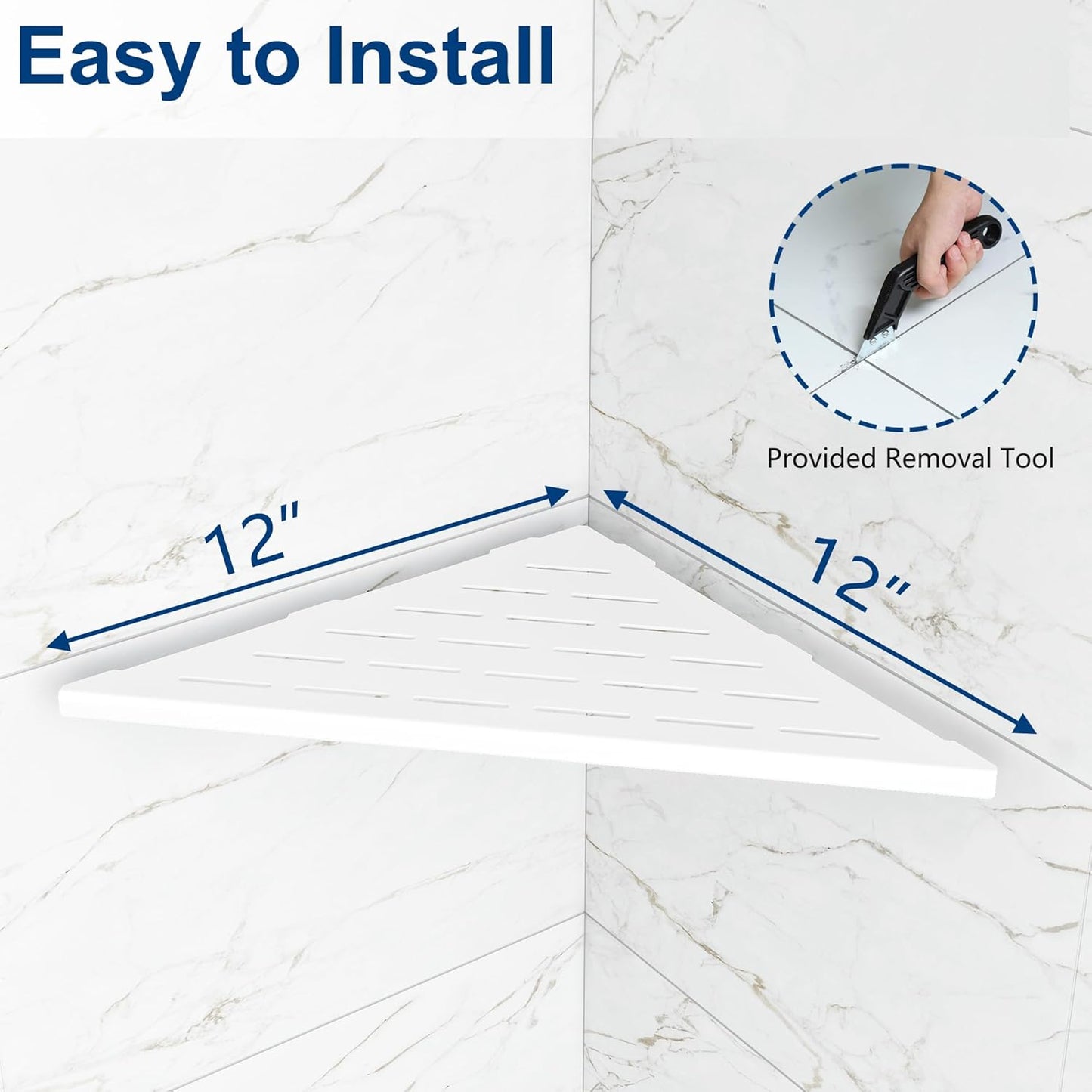 Corner Shower Shelves, 12” Recessed Tile Shower Shelf, 304 Stainless Steel Grout in Corner Tile Shower Shelves, No Drilling, Matte White, 2 Pack