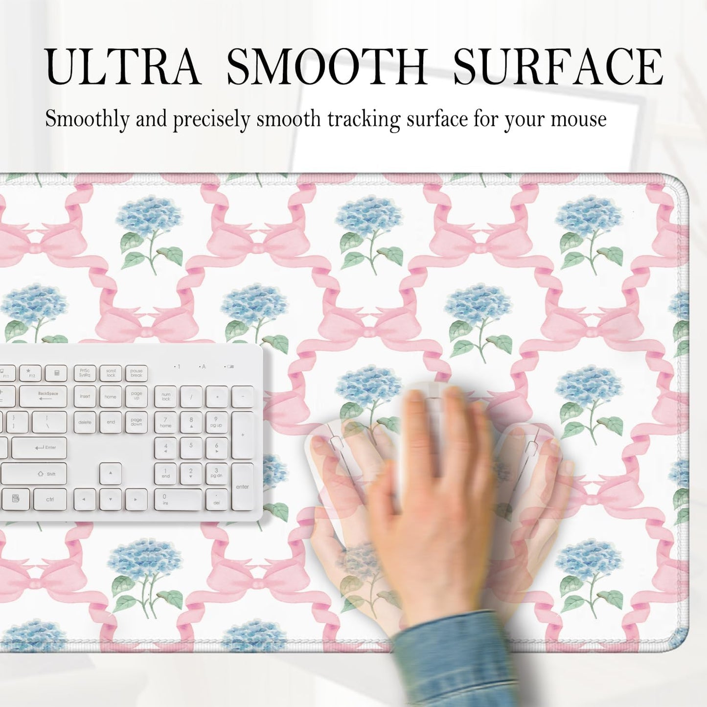 Blue Hydrangea Large Mouse Pad 31.5x15.7inch, Trendy Coquette Pink Bow Flower Aesthetic Large Extended Computer Desk Mat Mousepad for Keyboard and Mouse, Preppy Desk Accessories