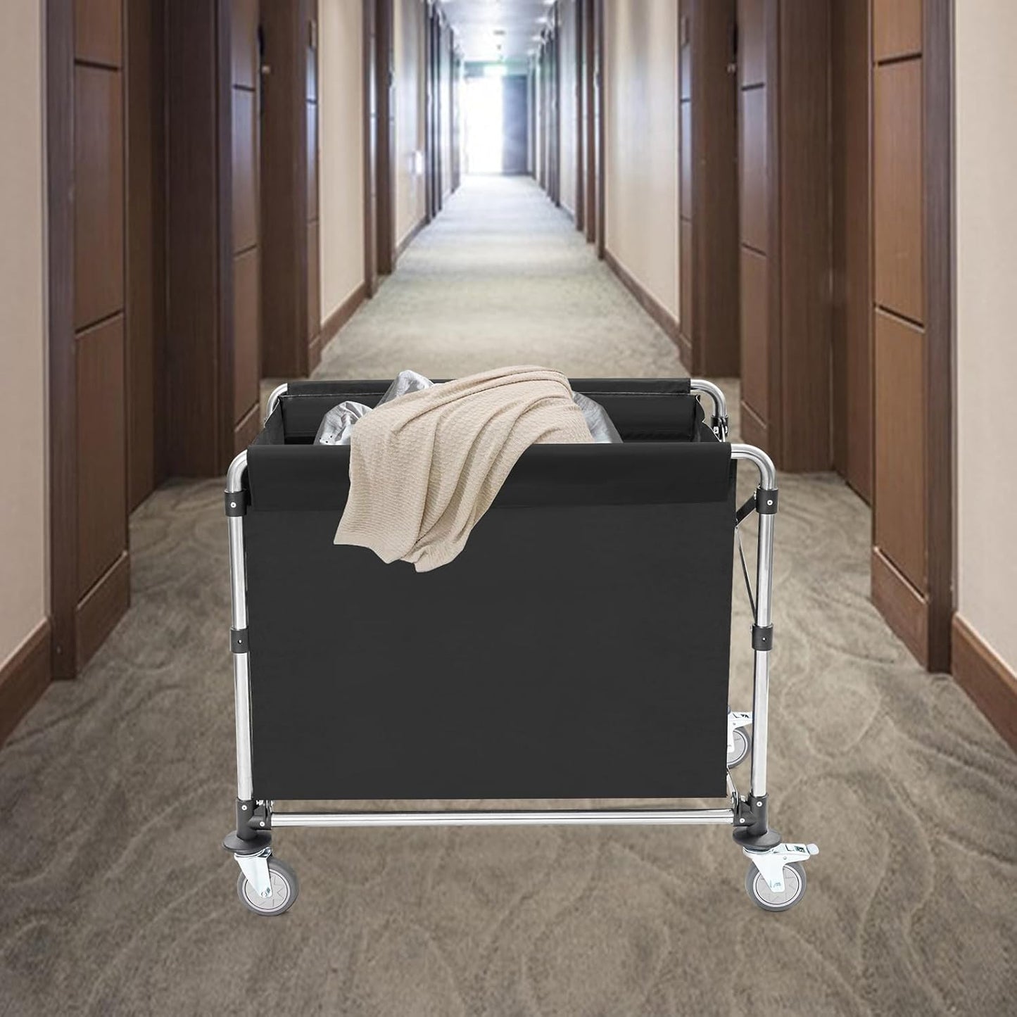 Commercial Laundry Cart with Wheels,Folding Laundry Hamper Cart,Heavy Duty Rolling Basket with Large Capacity,Sorter Trolley for Home Hotel Apartment (Black, 34.25 * 20.47 * 30.7in)