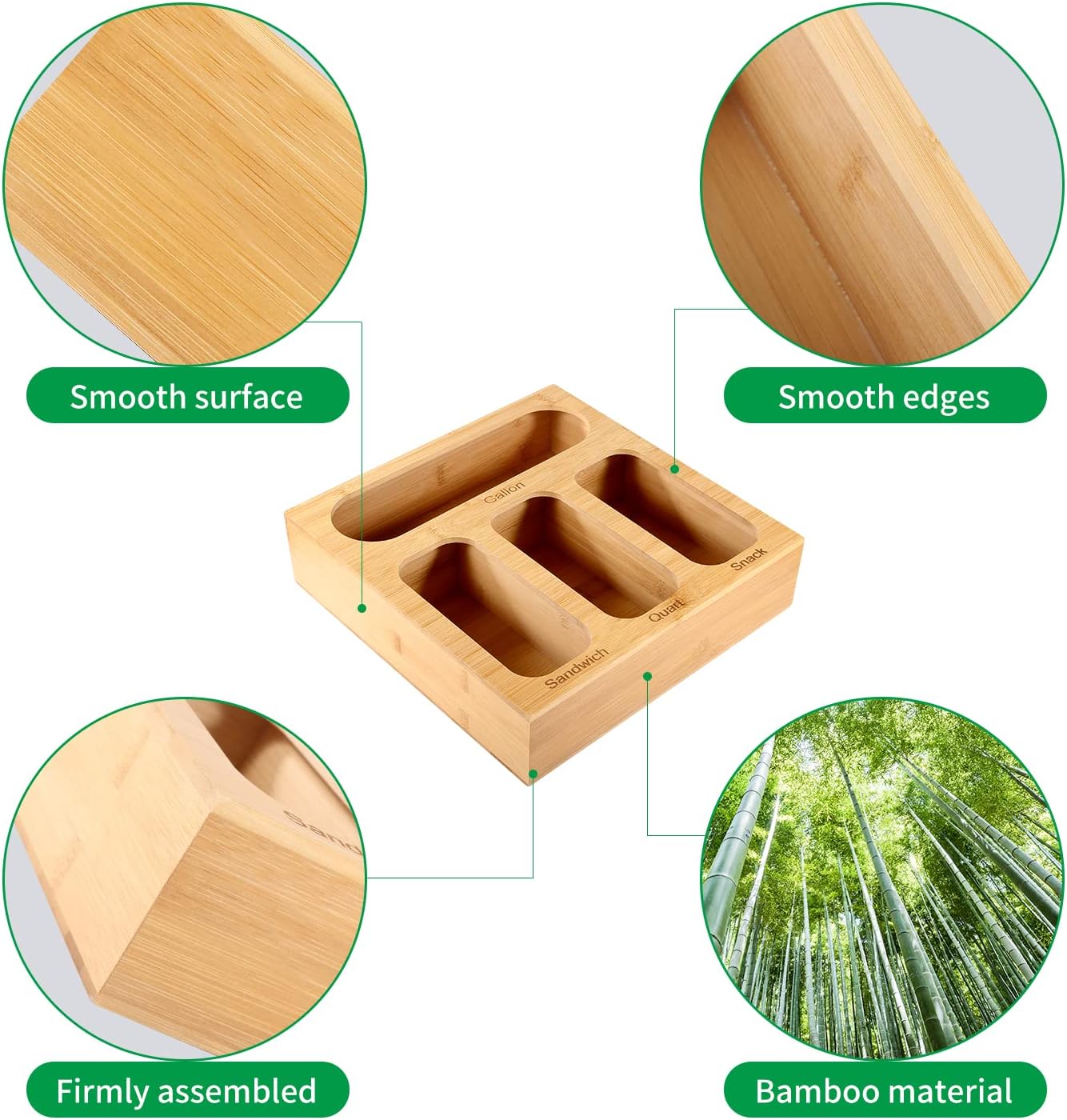 GAC Great American Classics Ziplock Bag Organizer - Kitchen Organizer for Sandwich Bags, Quart, Gallon, Snack – Natural Wood Plastic with Anti-Slip Pads – Space Saving and Practical Solution