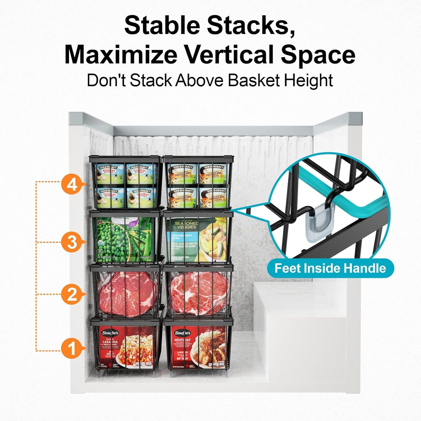 iSPECLE Freezer Organizer Bins - 4 Pack Small Stackable Freezer Baskets for 7 Cu.ft Deep Freezer, Easy Access Food No More Digging, Sturdy Metal Wire Basket Not Scratch Bottom, Black