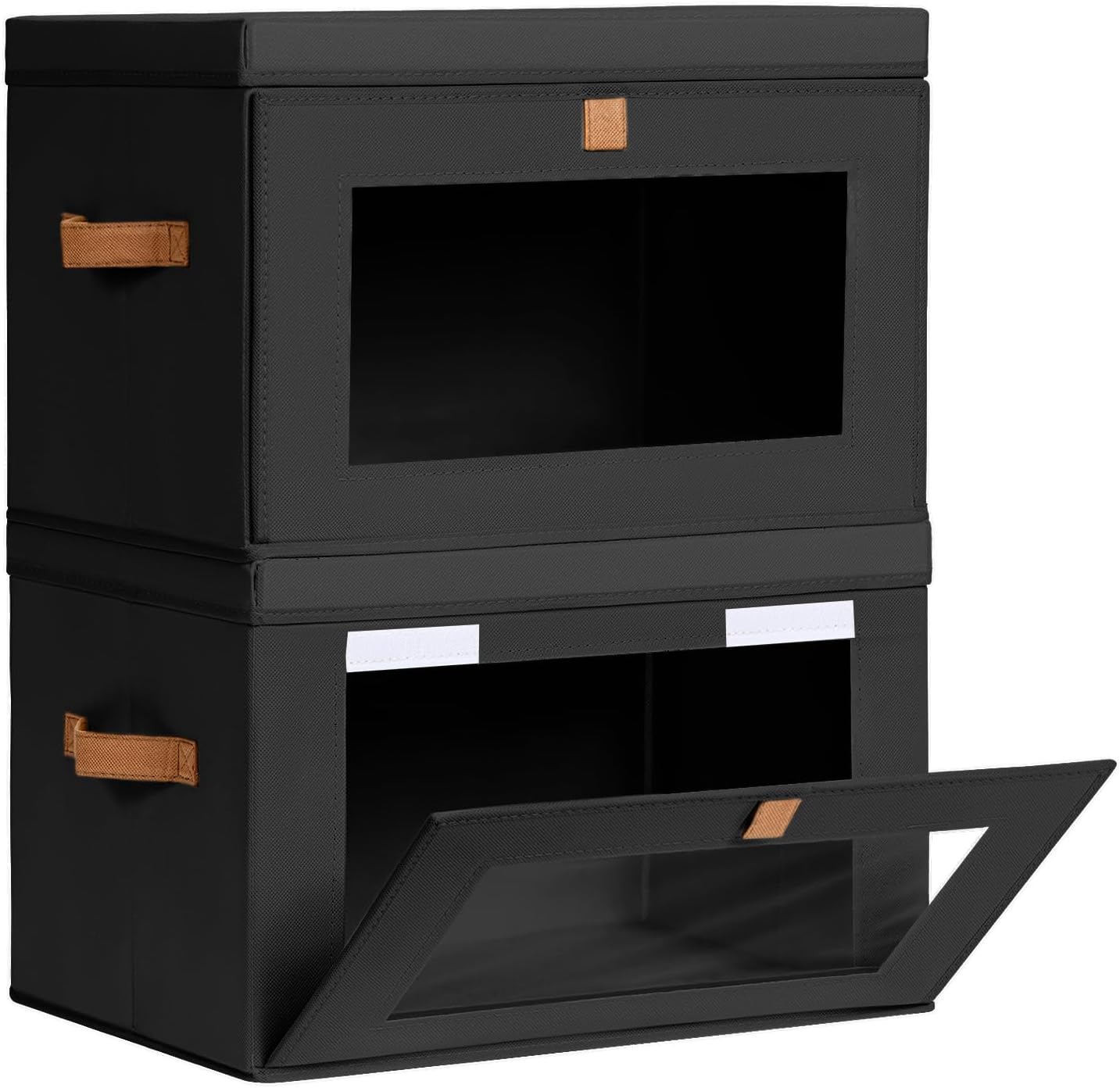 Collapsible Storage Bins - Large Stackable Organizer Bins, Decorative Boxes with Handles & Window, Fabric Containers for Living Room, Closet, Dorm, 2 Pack, Black