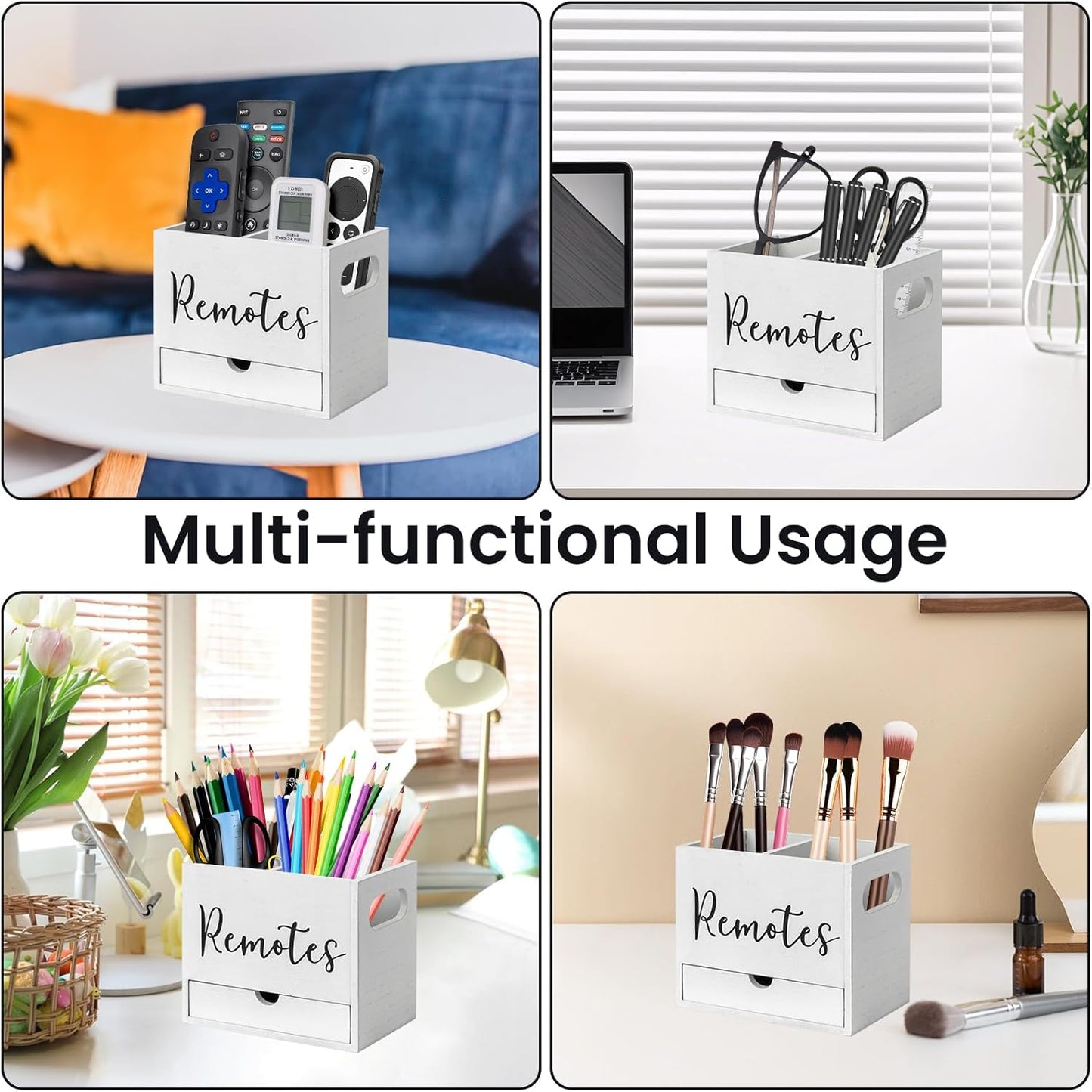 Remote Control Holder, 2 Slot Wooden TV Remote Holder for Table, Remote Box Desk Organizer with Drawers for Home Nightstand Office Supplies (White)