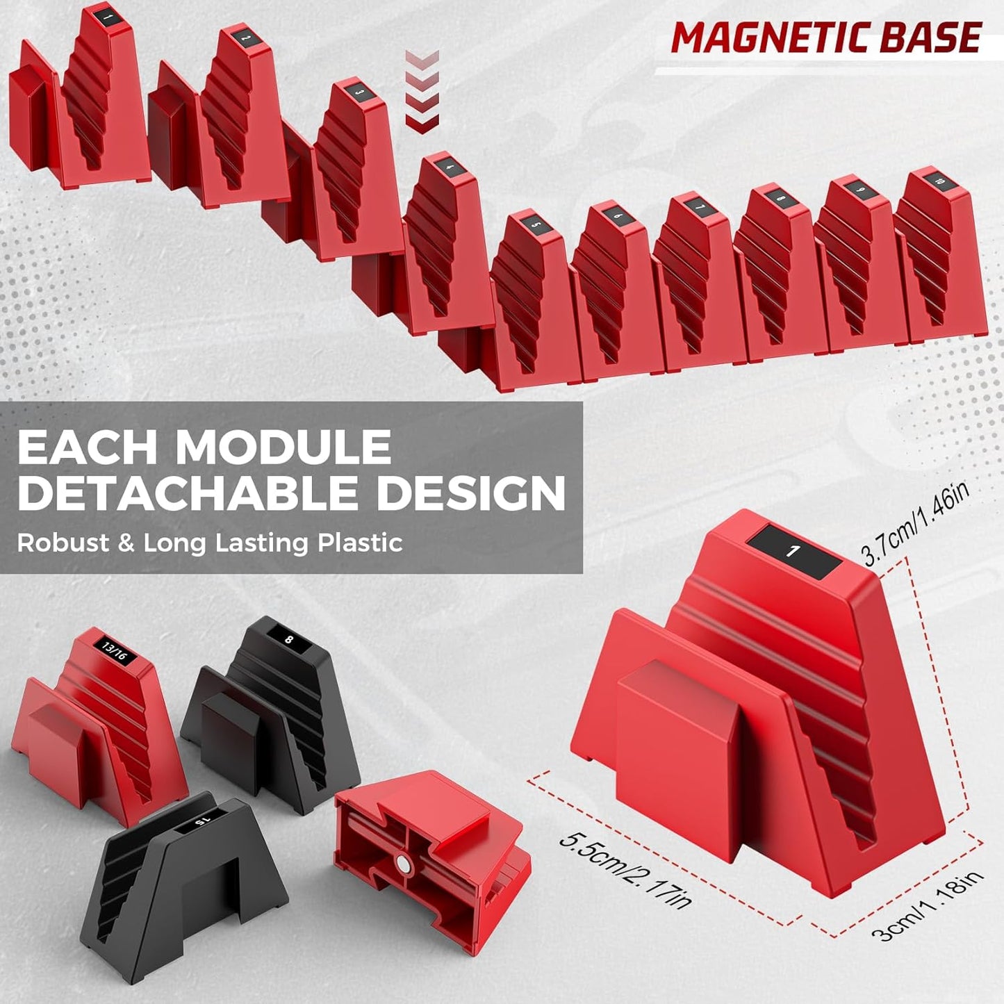 48PCS Magnetic Modular Wrench Organizers for Tool Drawers - Black & Red - Wrench Rack with Metric & SAE Labels, Customizable Magnet Tool Storage Holder for Tool Box Organization