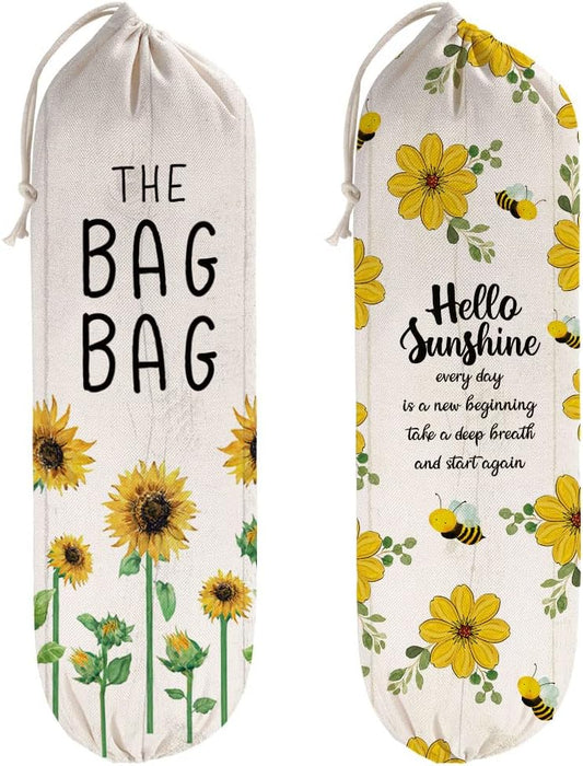 2Pcs Sunflower Plastic Bag Holder for Kitchen Essentials, Reusable Hanging Grocery Bag Organizer, Sunflower Gifts for Women, Washable Large Grocery Trash Bags Storage Dispenser