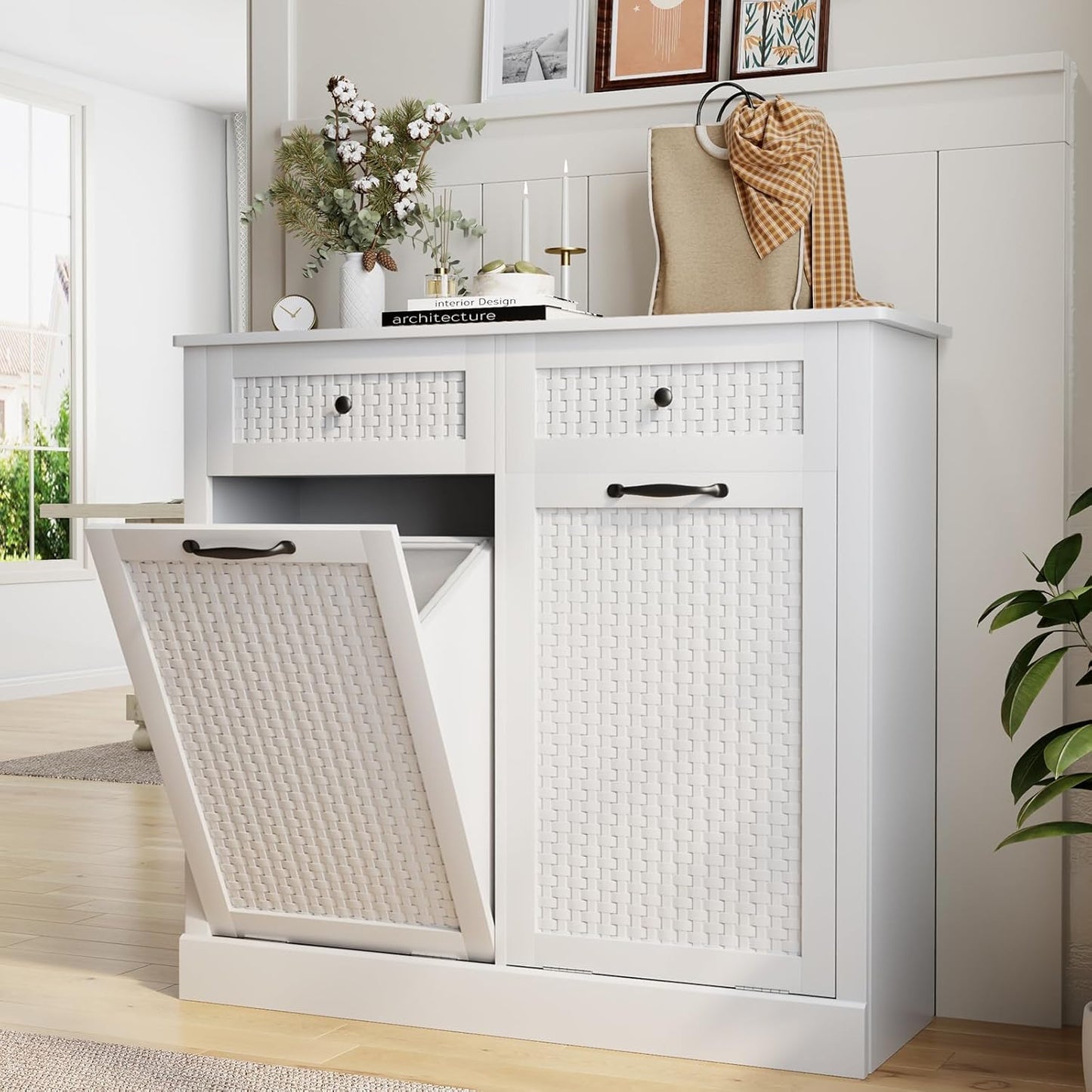Double Tilt Out Laundry Hamper Cabinet,10 Gallon Laundry Cabinet with Drawers ＆ 2 Hidden Baskets, Farmhouse Storage Basket for Laundry Room, Bathroom, Kitchen, Wood, White