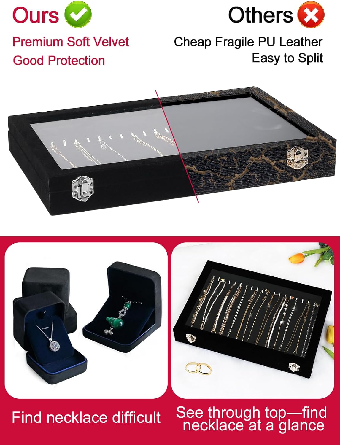 Jenseits Necklace Organizer Box, Tray with Clear Lid, Velvet Dustproof Necklaces Holder Storage Display Case, 20 Hooks Glass Top Jewelry Tray Drawer Insert for Pendant Bracelet