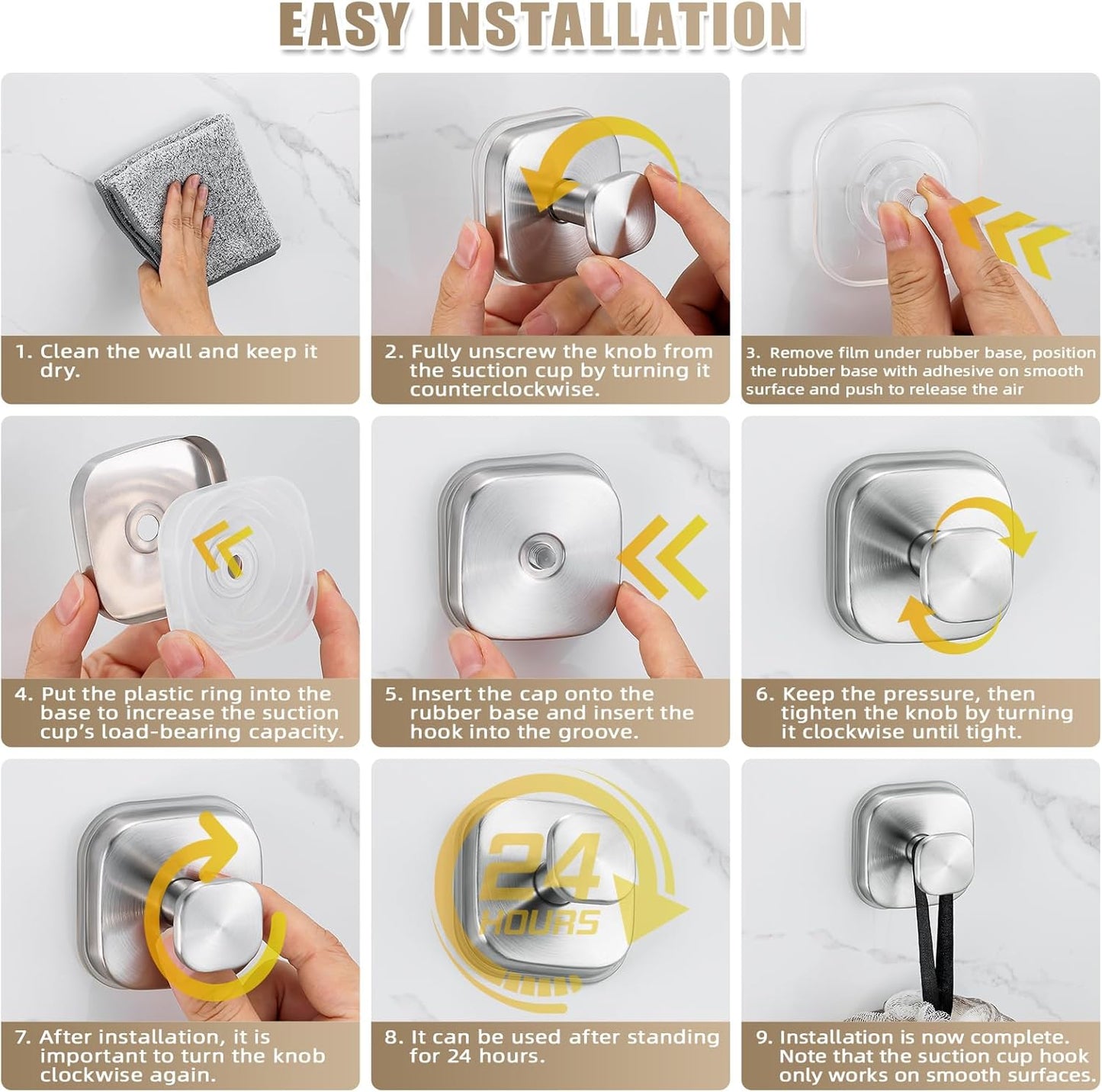 Suction Cup Hooks for Shower - Resuable Bathroom Hooks for Towels, Robes & Loofah - No-Drill Mounting on Kitchen,Walls,Metal,Glass,Mirrors,Tile & Smooth Non-Porous Surfaces (4, Brushed Nickel)