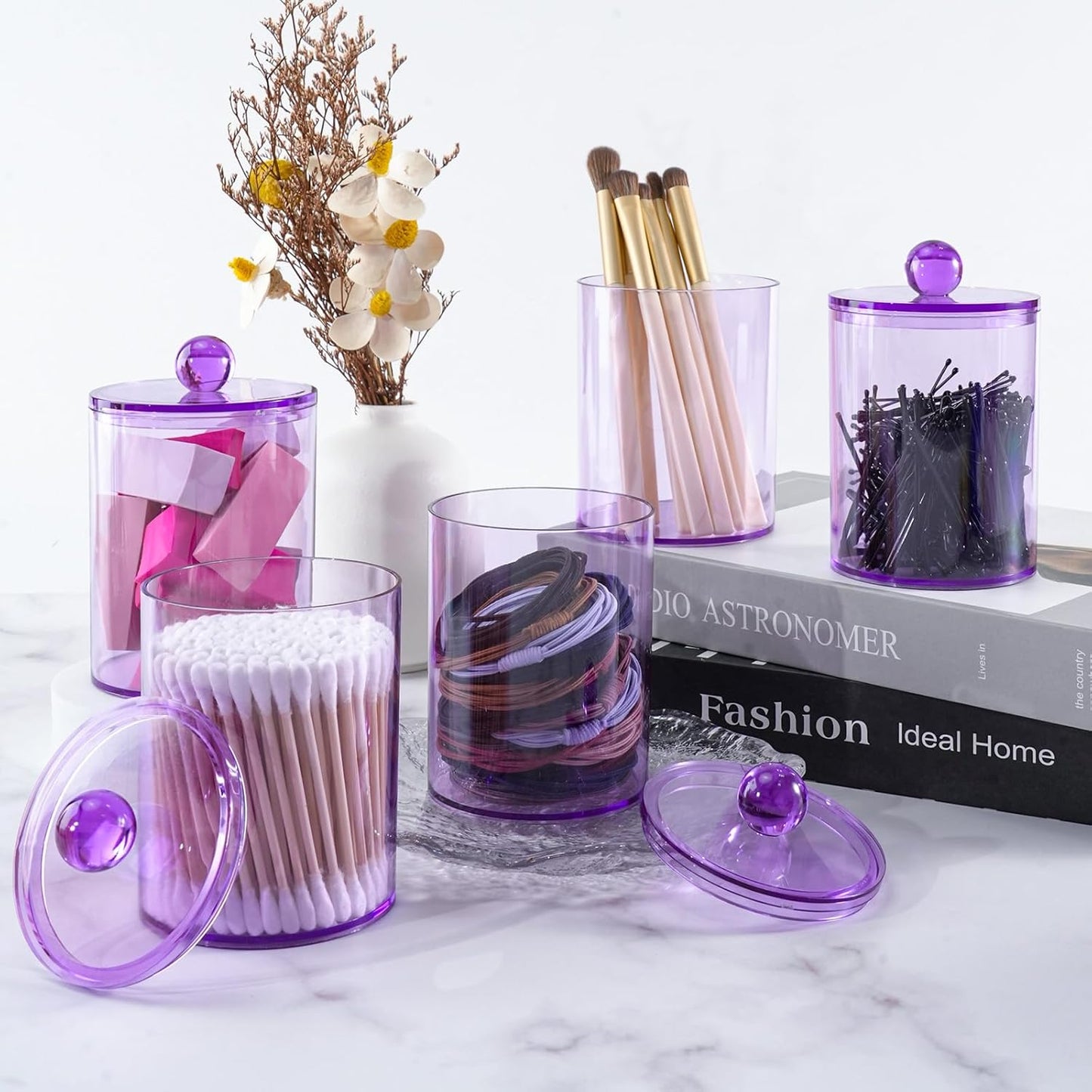 6 Pack Qtip Holder,Canister Apothecary Jar Set, Bathroom Jars with Lids Set for Cotton Swabs, Balls, Pads, Floss Picks,10oz-12oz Plastic Canisters Restroom Bedroom Vanity Organizer(Purple)