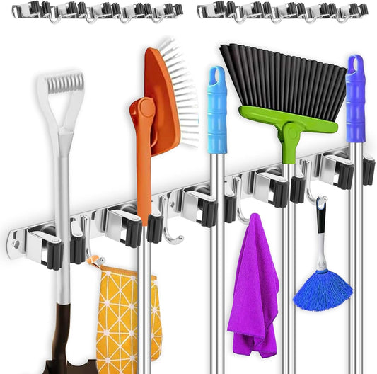 2 Pack Broom Holder Wall Mount 5 Racks 4 Hooks Stainless Steel Broom Mop Holder Anti Slip Storage Rack Strong Load Bearing Waterproof Broom and Mop Organizer Wall Hanging for Bathroom Kitchen Garage