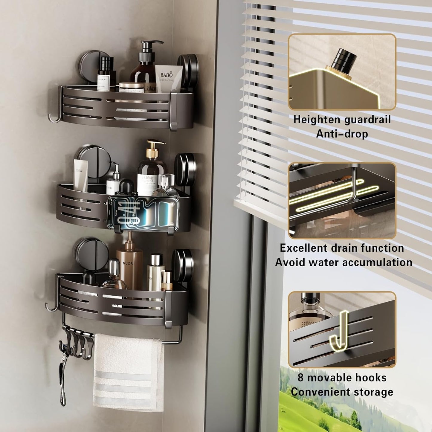 VOLPONE Corner Shower Caddy Suction Cup Shower Shelf Corner No Drilling Bathroom Shower Organizer Storage Rack Adhesive with Towel Bar Hooks(2-Pack, Gray)