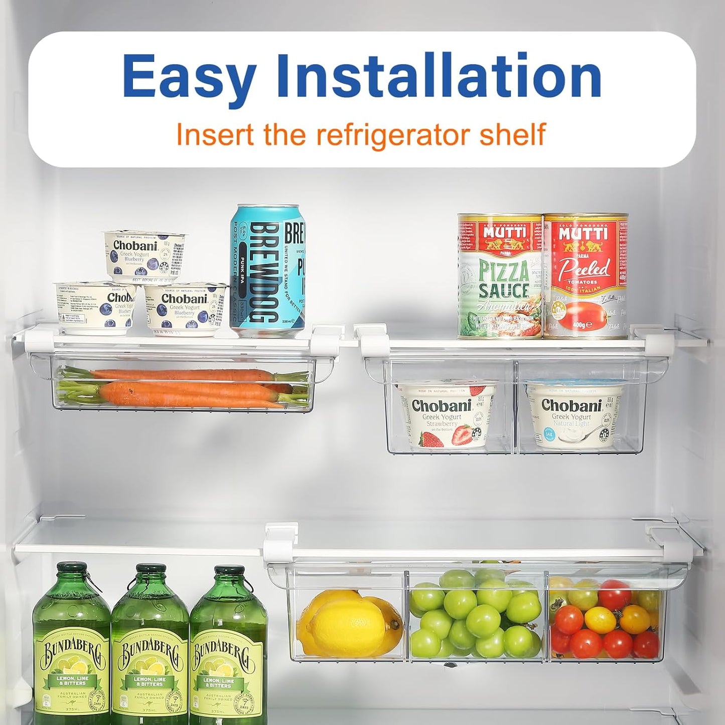 Pull-Out Fridge Drawer Organizer - Under Shelf Storage Bins for Refrigerator Organization for Fruits Vegetables, Cheese & Deli (Tall & Narrow with dividers)
