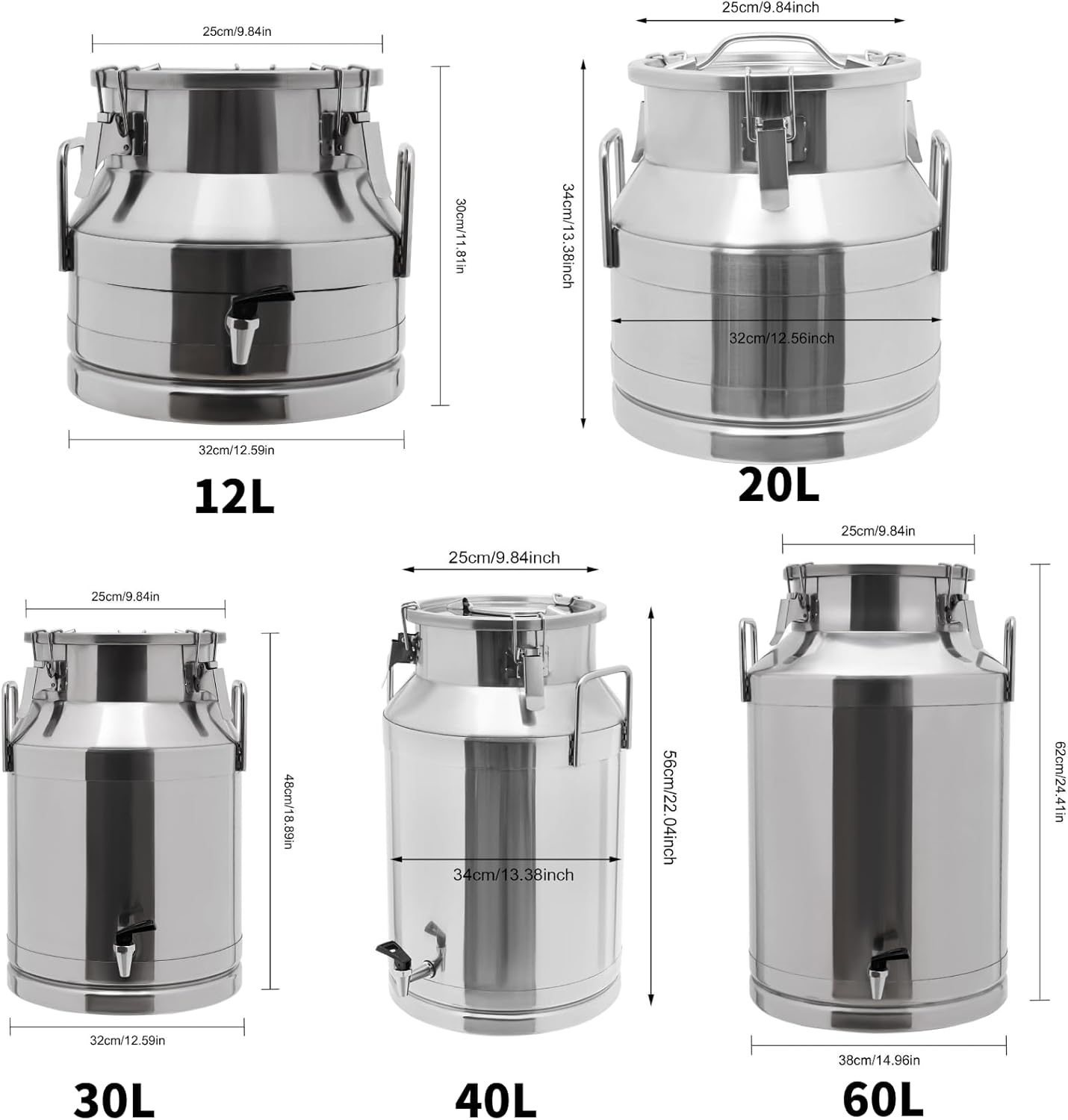 12~60L Heavy-duty 201 Stainless Steel Milk Can with Drip-free Spigot, Water Beverage Drink Dispenser Milk Pail Bucket for Milk Wine Oil (12L)